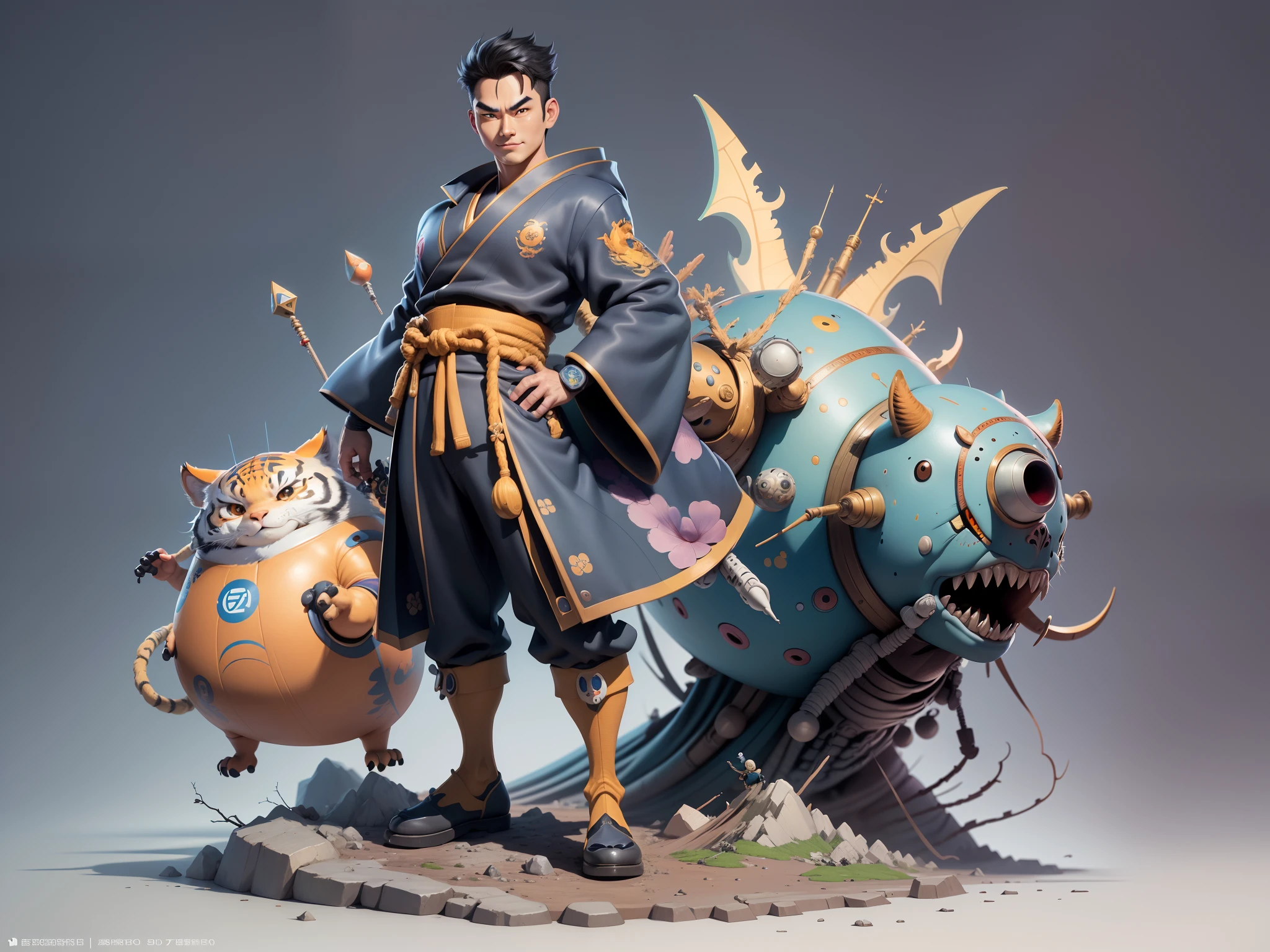 (Masterpiece), (Excellent), (Super Meticulous), (Full Body: 1.2), Super Young Man, Oriental Face, Japanese Kimono, Japanese Wind Thunder God, Dragon, Tiger, TV Anchor, Bust Portrait Illustration, Alone, Black Suit, Blue Tie, Slightly Chubby Face, Very Clean Face, No Beard, Black Super Short Hair, Black Eyes, Confident Smile, 3c Computer Sub-Products, iPad, iPhone, Digital Painting, 3D Character Design by Akira Toriyama and Mark Claireden and Pixar and Hayao Miyazaki, The illustration is a high-definition illustration in 4K resolution with very detailed facial features and cartoon-style visuals.