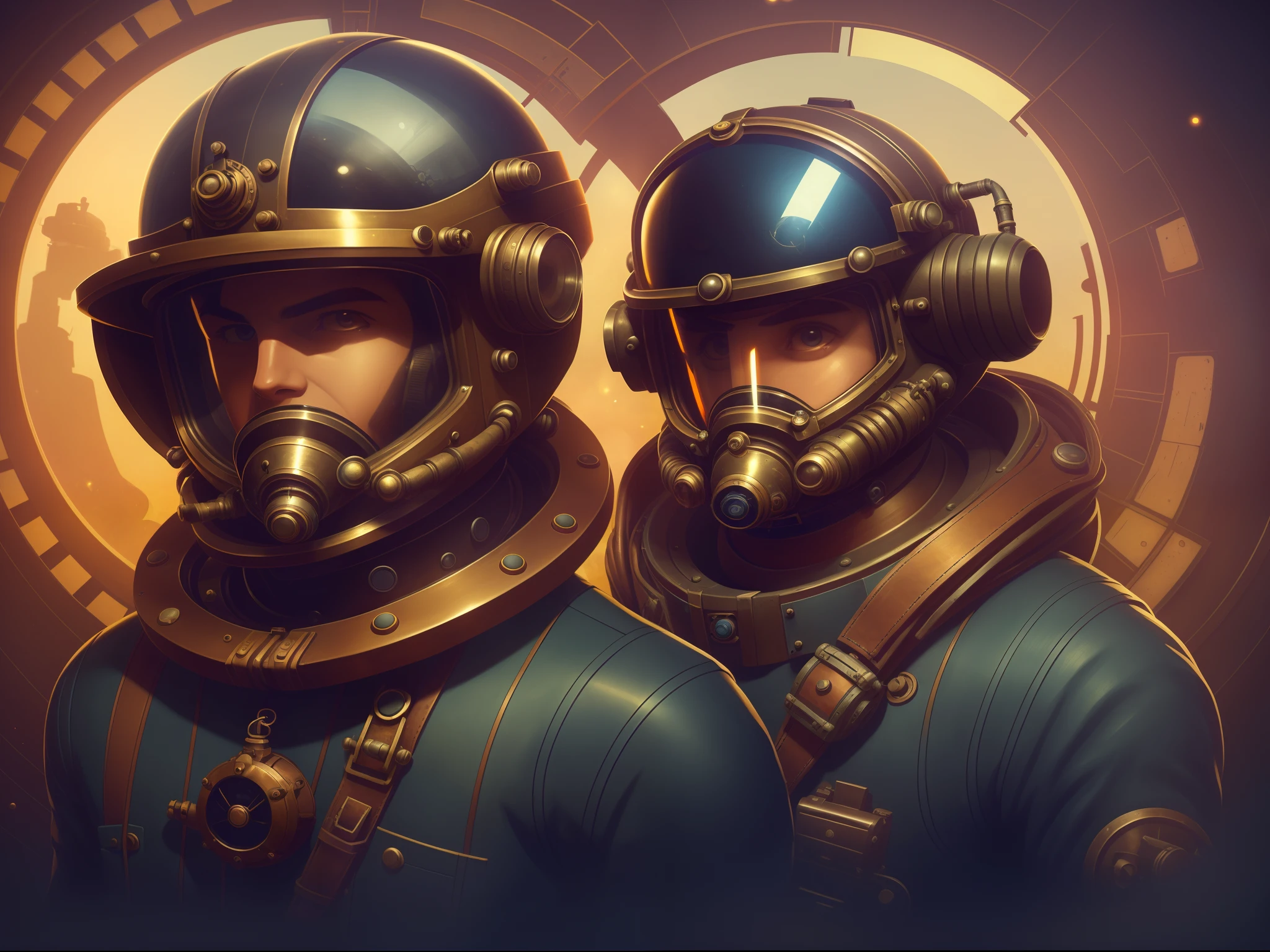 There is a man in a spacesuit with a helmet, Deep-sea diver, diving suit, old scuba, inspired by Brian Despain, Brian Despain, Steampunk diving helmet, alexey egorov, Sergey Kolesov, lofi steampunk bioshock portrait, lofi bioshock steampunk portrait, wojtek fus