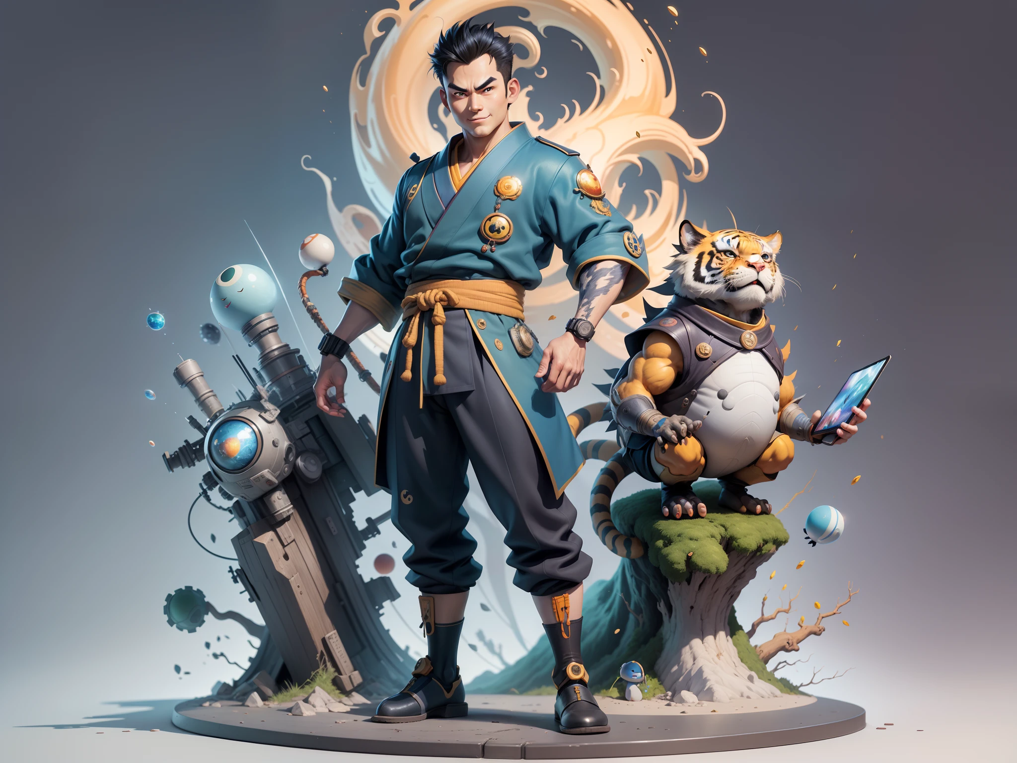 (Masterpiece), (Excellent), (Super Meticulous), (Full Body: 1.2), Super Young Man, Oriental Face, Japanese Kimono, Japanese Wind Thunder God, Dragon, Tiger, TV Anchor, Bust Portrait Illustration, Alone, Black Suit, Blue Tie, Slightly Chubby Face, Very Clean Face, No Beard, Black Super Short Hair, Black Eyes, Confident Smile, 3c Computer Sub-Products, iPad, iPhone, Digital Painting, 3D Character Design by Akira Toriyama and Mark Claireden and Pixar and Hayao Miyazaki, The illustration is a high-definition illustration in 4K resolution with very detailed facial features and cartoon-style visuals.
