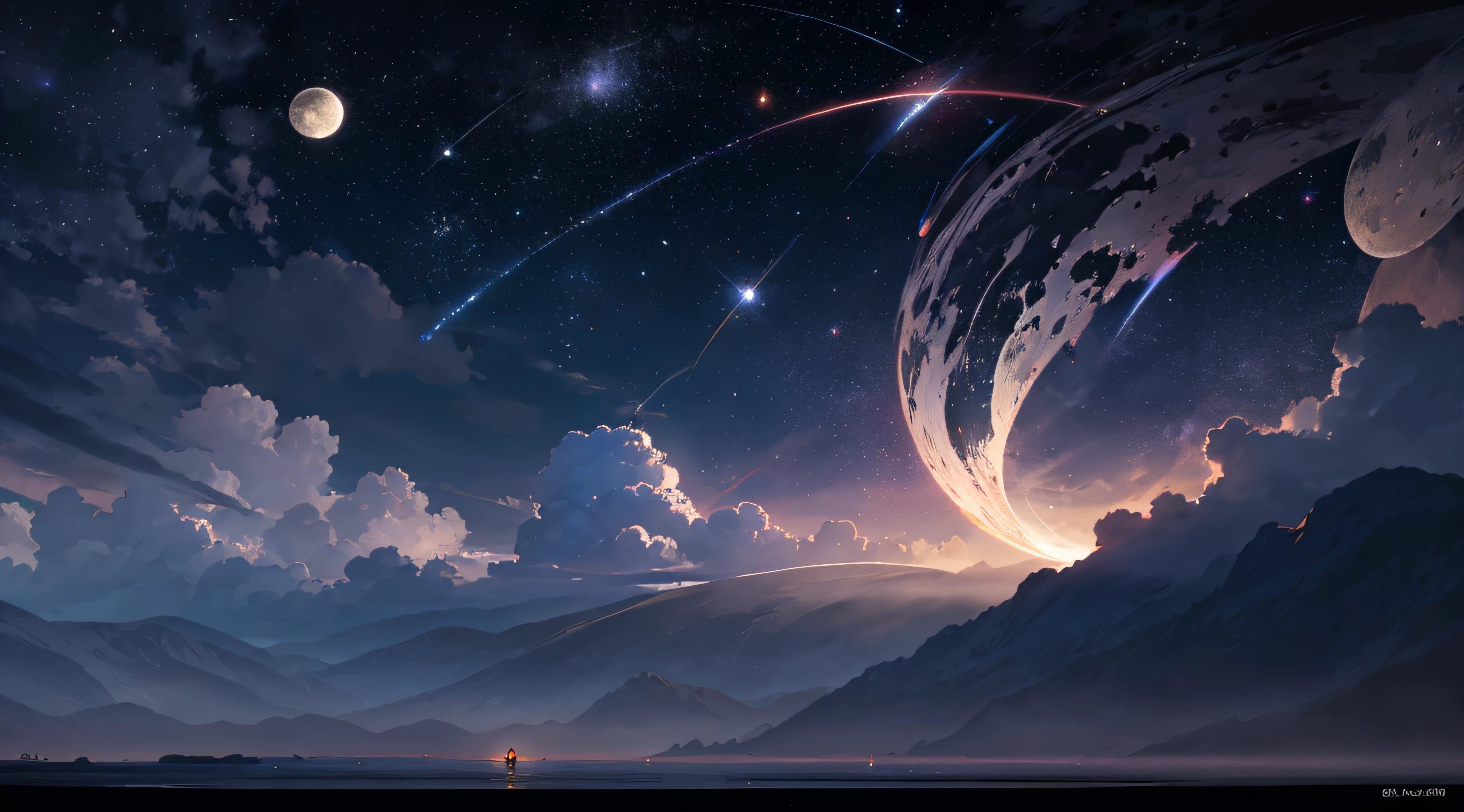 Expansive landscape photograph，（moon full：1.2），（meteors：0.9），（Starcloud：1.3），（Warm light source：1.2），（glowworm：1.2），lamp lights，Lots of purple and orange，Complicated details，Volumetriclighting，Realism BREAK（tmasterpiece：1.2），（best qualtiy），8K，Ultra-detailed，（dynamic compositions：1.4），The is very detailed，Colorful details，（Irridescent color：1.2），（luminouslighting，Atmospheric lighting），dream magical，magical，（独奏：1.2），（（best qualtiy））， （（tmasterpiece））， （the detail：1.4），depth of fields，maximum definition and sharpness，perfectly proportions，Fluttering clouds，Wallpapers