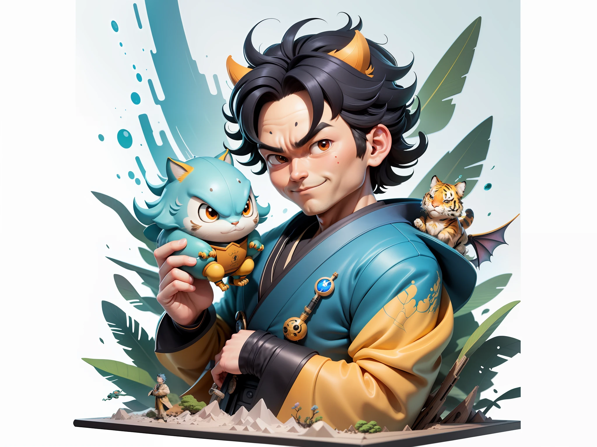 (Masterpiece), (Excellent), (Super Meticulous), (Full Body: 1.2), Super Young Man, Oriental Face, Japanese Kimono, Japanese Wind Thunder God, Dragon, Tiger, TV Anchor, Bust Portrait Illustration, Alone, Black Suit, Blue Tie, Slightly Chubby Face, Very Clean Face, No Beard, Black Super Short Hair, Black Eyes, Confident Smile, 3c Computer Sub-Products, iPad, iPhone, Digital Painting, 3D Character Design by Akira Toriyama and Mark Claireden and Pixar and Hayao Miyazaki, The illustration is a high-definition illustration in 4K resolution with very detailed facial features and cartoon-style visuals.
