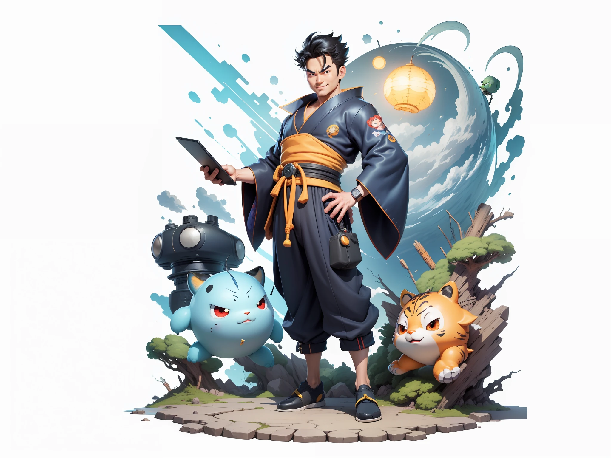 (Masterpiece), (Excellent), (Super Meticulous), (Full Body: 1.2), Super Young Man, Oriental Face, Japanese Kimono, Japanese Wind Thunder God, Dragon, Tiger, TV Anchor, Bust Portrait Illustration, Alone, Black Suit, Blue Tie, Slightly Chubby Face, Very Clean Face, No Beard, Black Super Short Hair, Black Eyes, Confident Smile, 3c Computer Sub-Products, iPad, iPhone, Digital Painting, 3D Character Design by Akira Toriyama and Mark Claireden and Pixar and Hayao Miyazaki, The illustration is a high-definition illustration in 4K resolution with very detailed facial features and cartoon-style visuals.