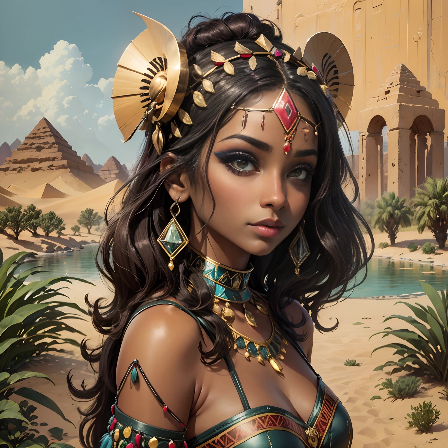 (masterpiece: 1.2), (best quality: 1.2), breasts in large evidence, perfect eyes, perfect face, perfect lighting, photo shoot, 1girl, mature female wearing SSAHC, SSAHC, dark skinned, colorful tribal dress, headdress, thick eyelashes, makeup, eyeshadow, medium hair, oasis, desert with pyramids detailed outdoor background