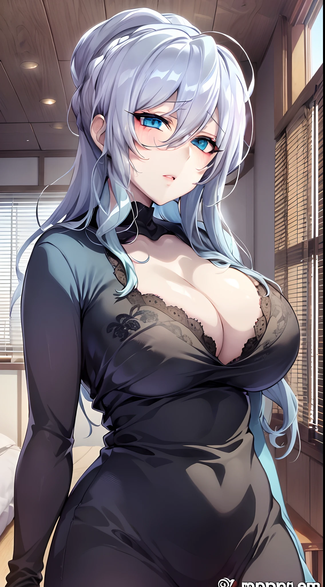 Yukino, in bed, silver hair and  blue eyes, black shirt and no bra, anime visual of a cute girl, screenshot from the anime film, & her expression is solemn, in the anime film, in an anime, anime visual of a young woman, she has a cute expressive face, still from anime, big breast, red cheek, lustful face