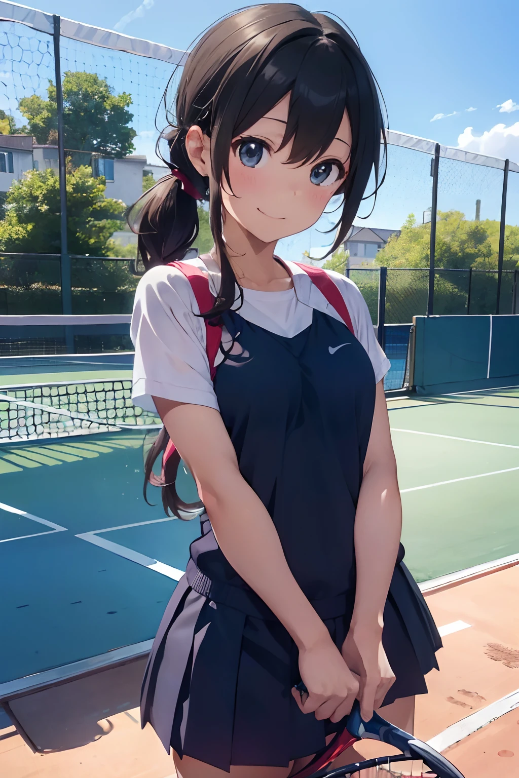 masutepiece, Best Quality, 8K_Wallpaper, (Beautiful eyes), ((Cute)), Cute, (lovely), (Tennis court on a sunny day),1girl in,small tits,1 schoolgirl,Walking Girl,Smile,facial close-up、portlate(((tennis coat)))(((Tennis Wear)))