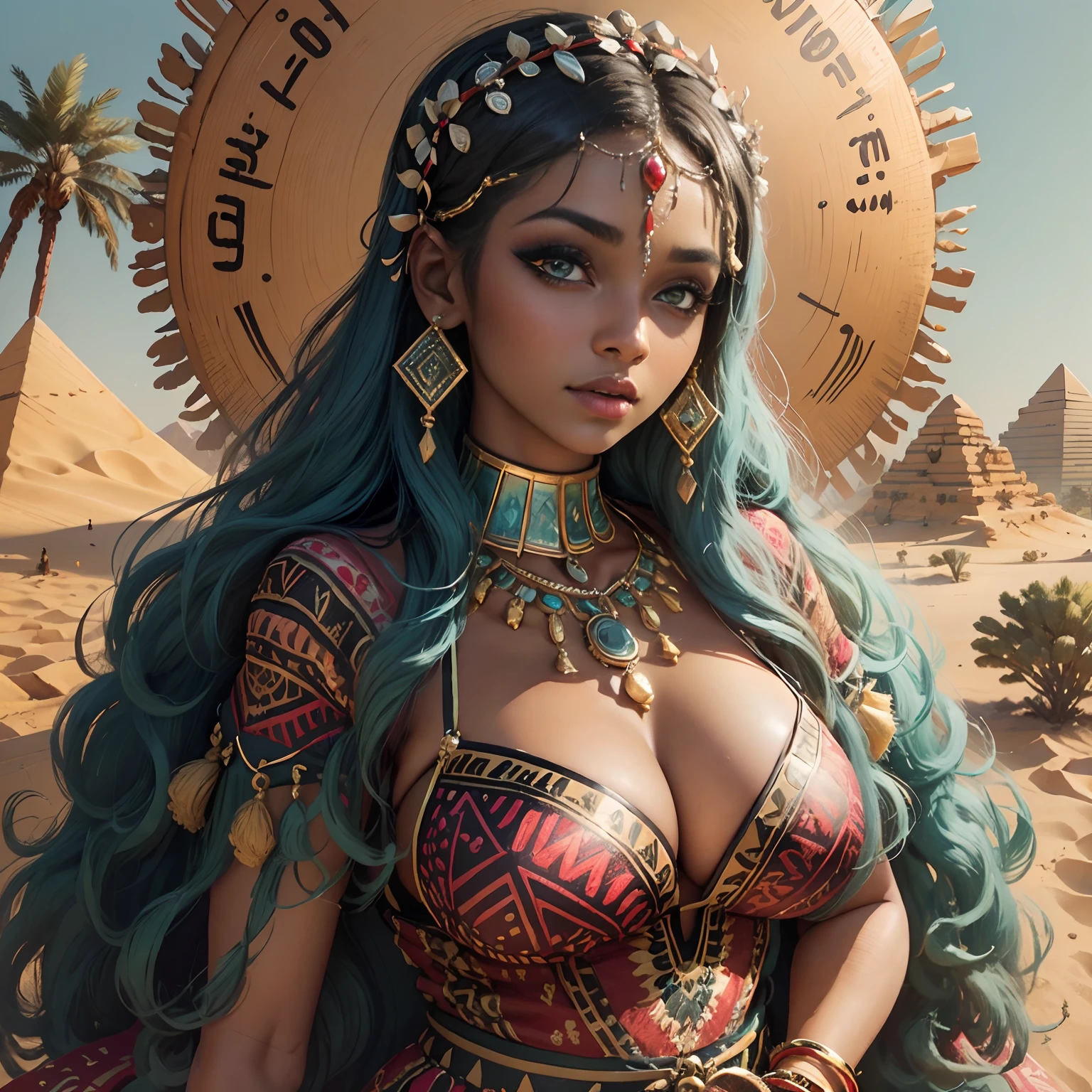 (masterpiece: 1.2), (best quality: 1.2), breasts in large evidence, perfect eyes, perfect face, perfect lighting, photo shoot, 1girl, mature female wearing SSAHC, SSAHC, dark skinned, colorful tribal dress, headdress, thick eyelashes, makeup, eyeshadow, medium hair, oasis, desert with pyramids detailed outdoor background