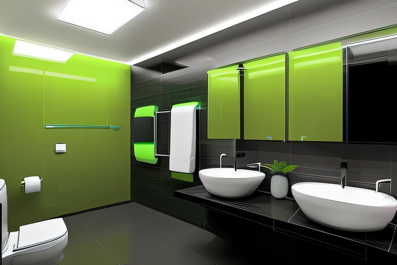 a close up of a bathroom with two sinks and a toilet, black and green scheme, green and black color scheme, green and black colors, brilliantly coloured, green color scheme, striking colour, black and green, deep colour\'s, green and black, interesting color use, green colored theme, complementary colour scheme, lime and violet, nice colour scheme