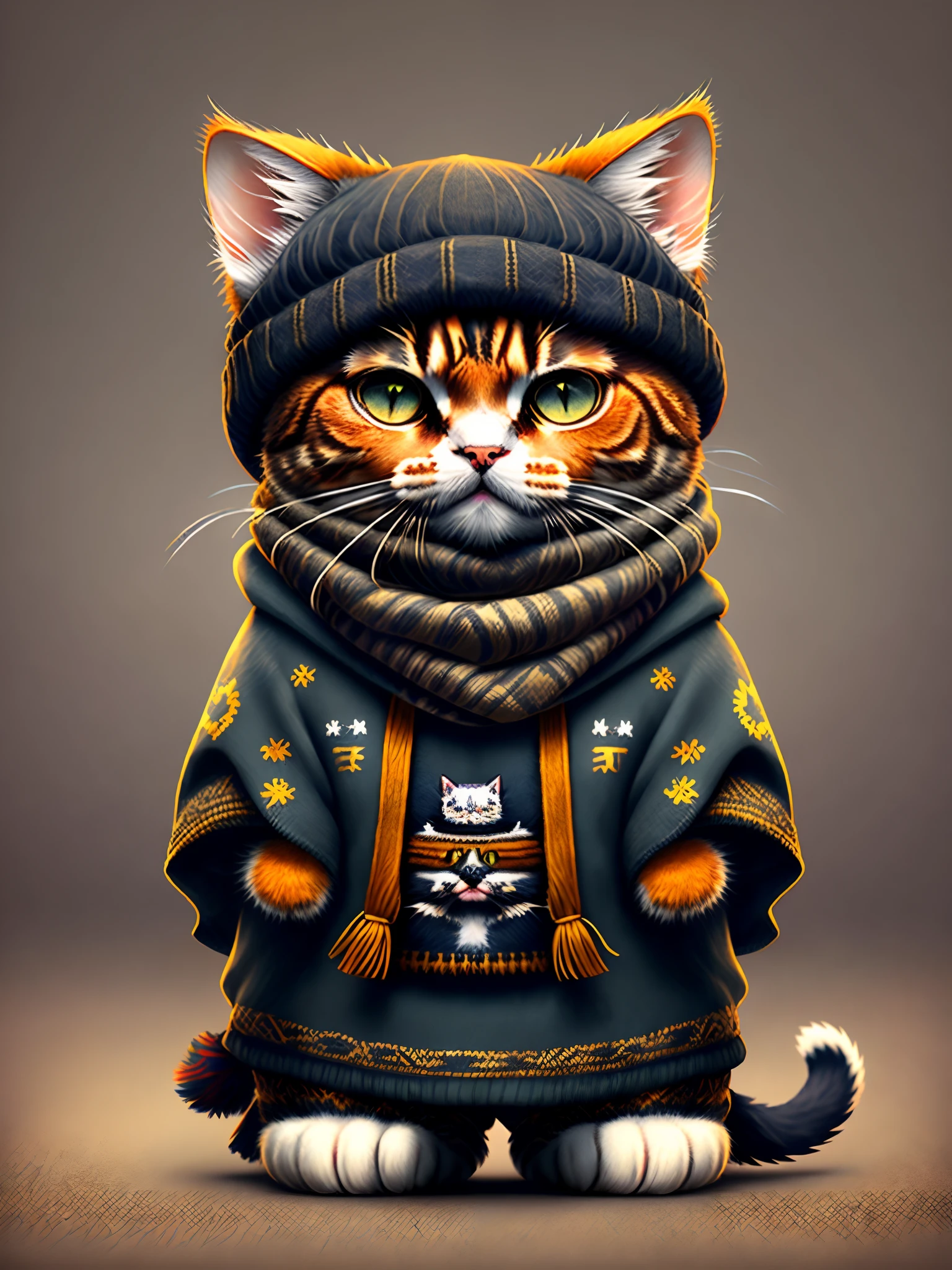 Photo of a cat wearing a hat and scarf、Art Station Trend、Ultra-realistic detail rendering、UK gang members、Urban style、intimidating pose、planet of the cats、Fashion Clothing、Urban Samurai、meow、West Slavic traits、8 1 5
