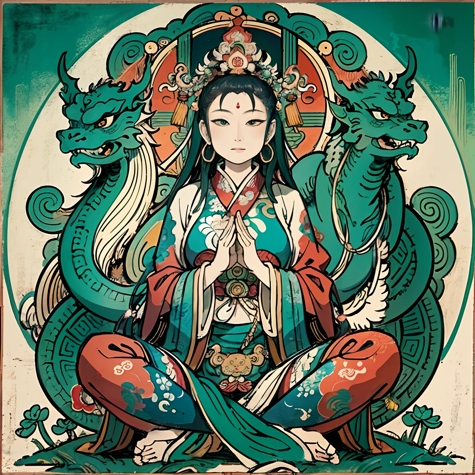 an ancient Chinese goddess, guanyin of the southern seas, Guanyin, Inspired by India, Avalokiteshvara rides a dragon,,Serene expression,shui mo hua,Buddha,Buddhist,Lotus,Chinese painting style,Thangka style