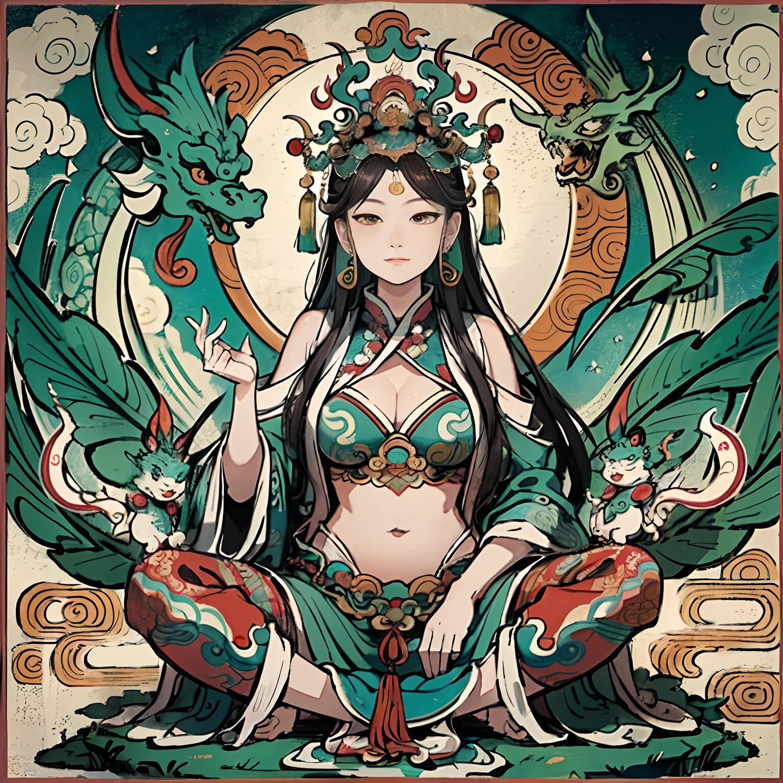 an ancient Chinese goddess, guanyin of the southern seas, Guanyin, Inspired by India, Avalokiteshvara rides a dragon,,Serene expression,shui mo hua,Buddha,Buddhist,Lotus,Chinese painting style,Thangka style