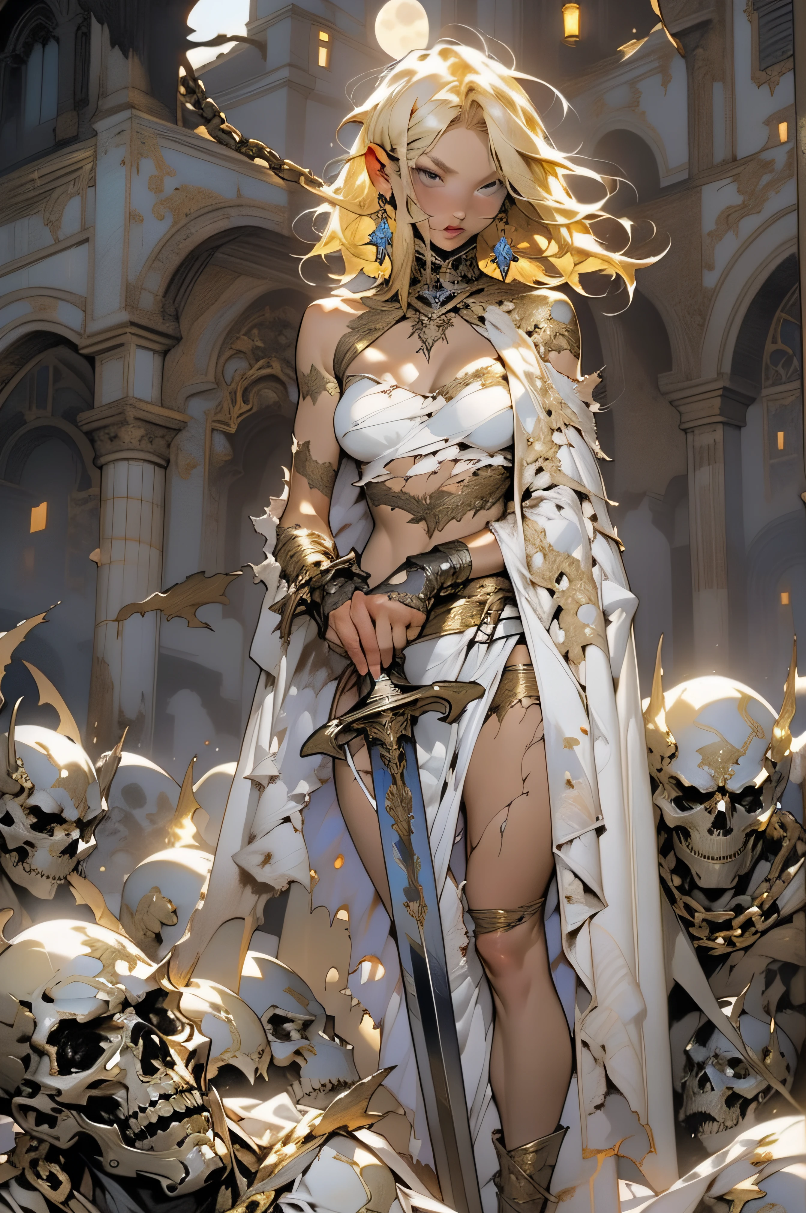 ((Simon Bisley)), Beautiful full-bodied woman, 22 years old, muscular and perfect body, (torn white cape), torn clothes with gold details, clothes full of metallic tips and chains, absurd details, absudres, spartan, almost totally naked, with little clothing, (tiny white thong:1.3), (tiny white bikini top:1.3), (torn white stockings:1.3),torn clothes:1.3, small breasts, generous neckline, holding a giant glowing sword,  Dirty and torn, fantastic art clothes, (short blond hair:1.3), brave face, low angle, facing a horde of demons in the background, from behind, destroyed buildings, moonlit night, full moon, volumetric fog