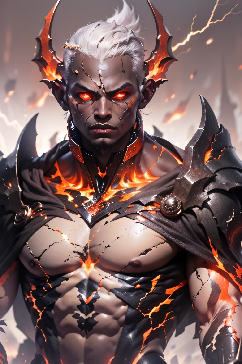 black humanoid made of rock,((electrified eyes: 1.2)) ((full rock skin: 1.2)), (red hot volcanic lava skin: 1.2) bare torso, bare chest, male, ((masterpiece, best quality )), ((cracked skin: 1.4)), ((white electricity passing through cracks: 1.4)), muscular male, (dragonborn: 0.6), white hair, outdoor, detailed background, 8k, max quality, Best Quality Canon Eos R6, Masterpiece, Highly Detailed: 1.2,