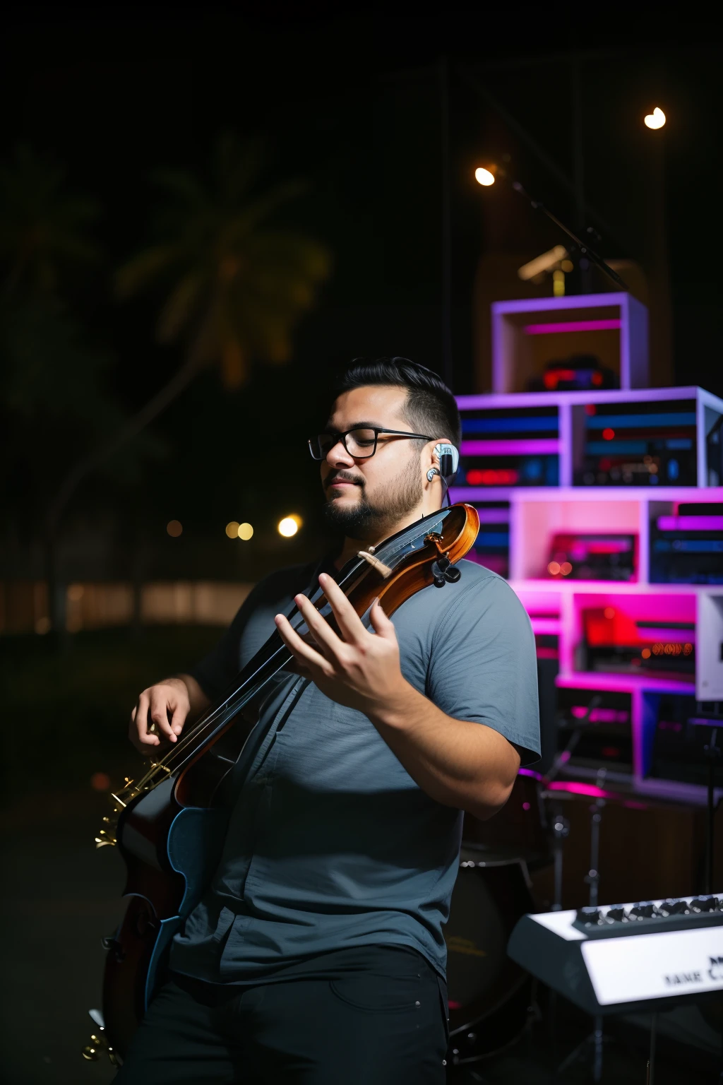 There's a man who's playing double bass in the dark, album art, Josh Grover, tocando contrabaixo no palco, Ed O'Brien (contrabaixo), Directed by: Alejandro Obregon, music being played, Alex Flores, homem tocando contrabaixo, in the nighttime, adam varga, robb cobb, Alexandre Rostov, album cape, The Music Guy, Pablo Oliveira