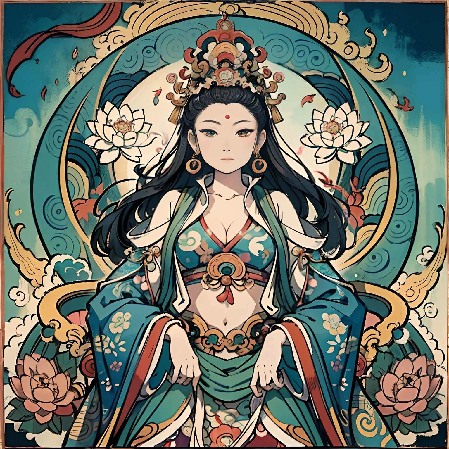 an ancient Chinese goddess, guanyin of the southern seas, Guanyin, Inspired by India, Avalokiteshvara rides a dragon,,Serene expression,shui mo hua,Buddha,Buddhist,Lotus,Chinese painting style,Thangka style