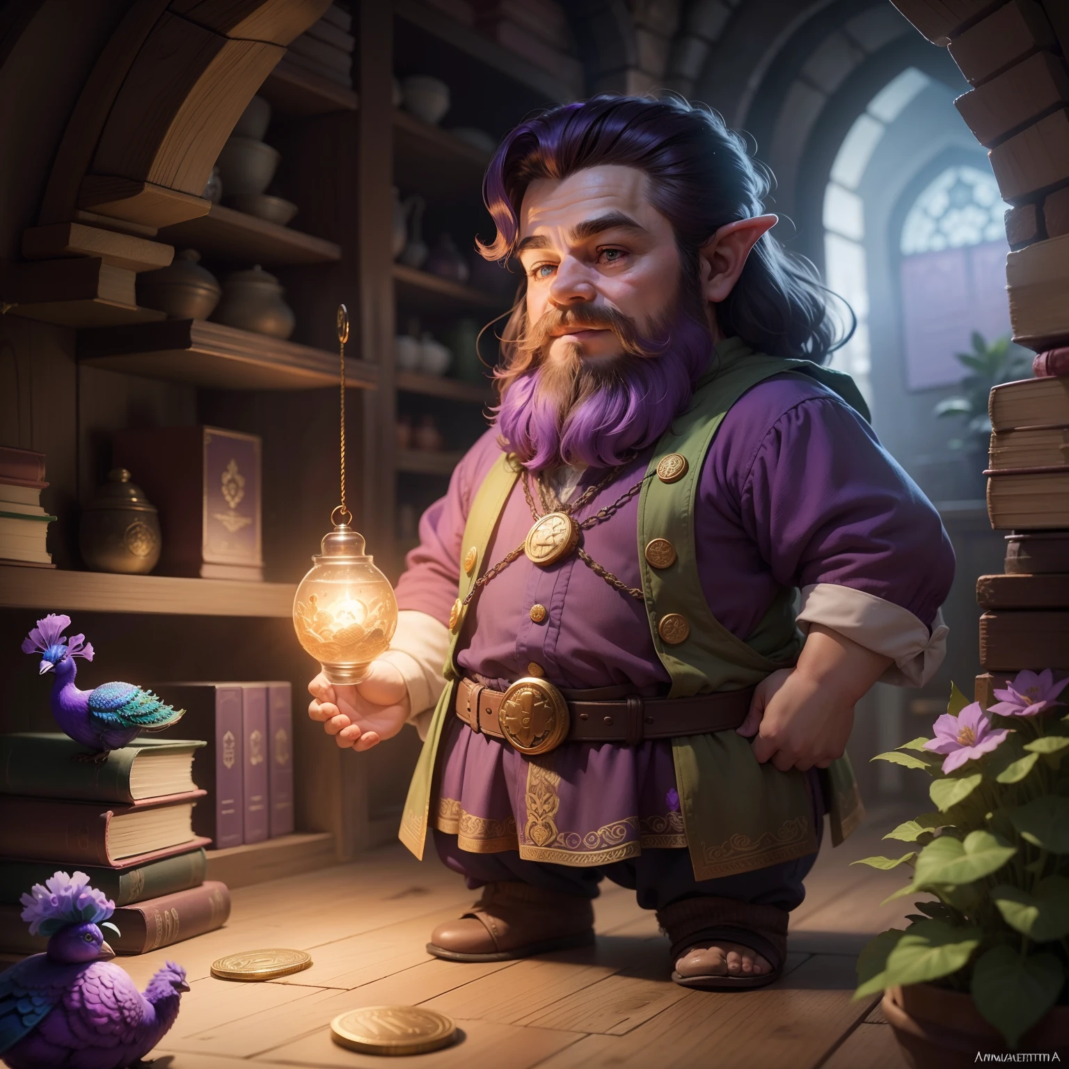 Dwarf Hobbit with a purple peacock,escavando Bitcoin,moedas de Bitcoin ao redor, muito ouro encantado,ametista aos montes,luz da lua