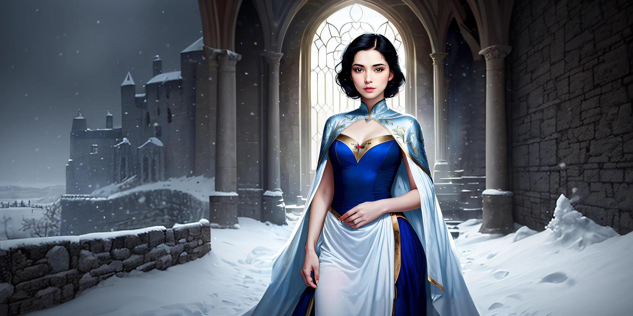 a snow storm in a medieval castle