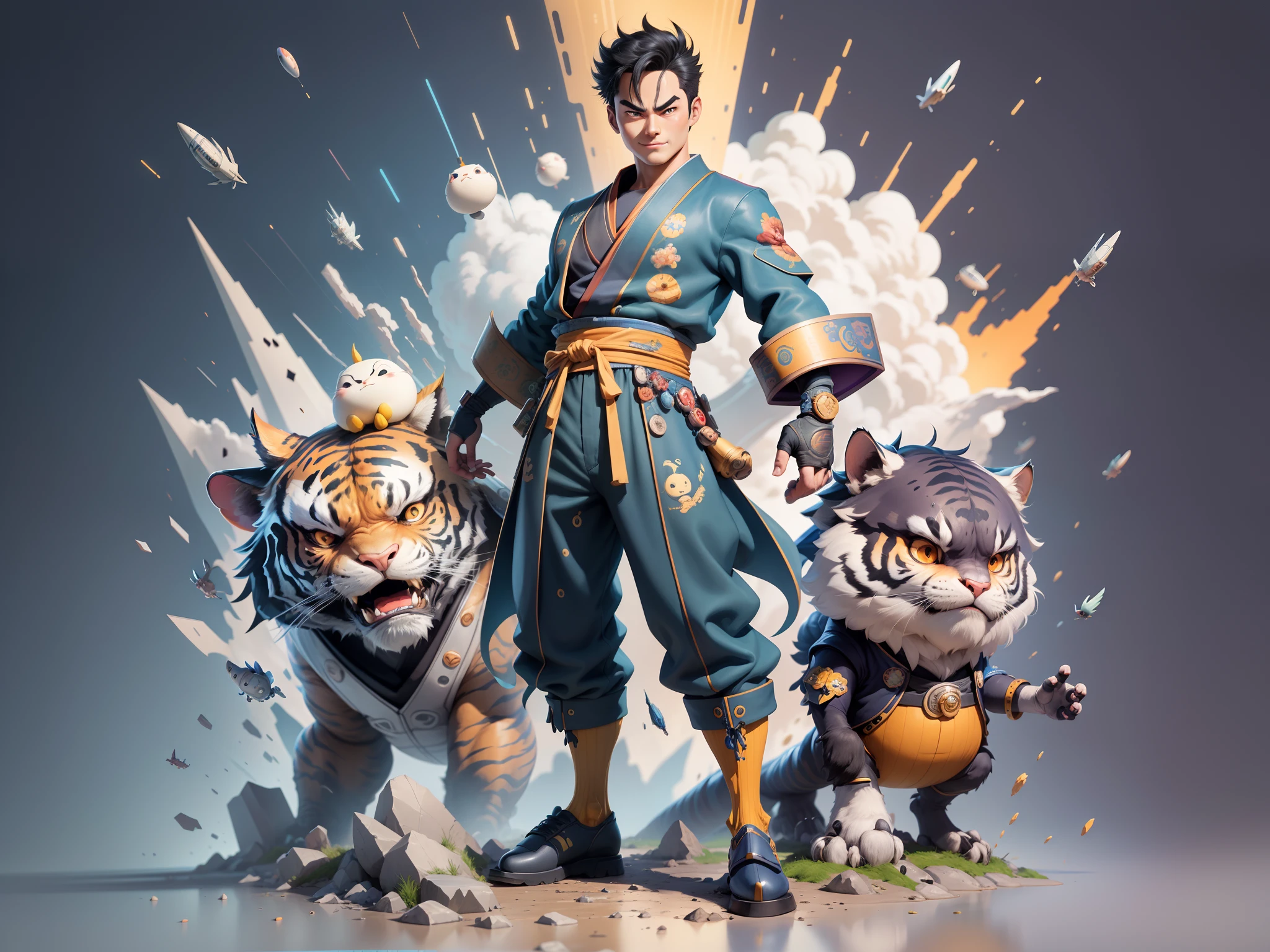 (Masterpiece), (Excellent), (Super Meticulous), (Full Body: 1.2), Super Young Man, Oriental Face, Japanese Kimono, Japanese Wind Thunder God, Dragon, Tiger, TV Anchor, Bust Portrait Illustration, Alone, Black Suit, Blue Tie, Slightly Chubby Face, Very Clean Face, No Beard, Black Super Short Hair, Black Eyes, Confident Smile, 3c Computer Sub-Products, iPad, iPhone, Digital Painting, 3D Character Design by Akira Toriyama and Mark Claireden and Pixar and Hayao Miyazaki, The illustration is a high-definition illustration in 4K resolution with very detailed facial features and cartoon-style visuals.