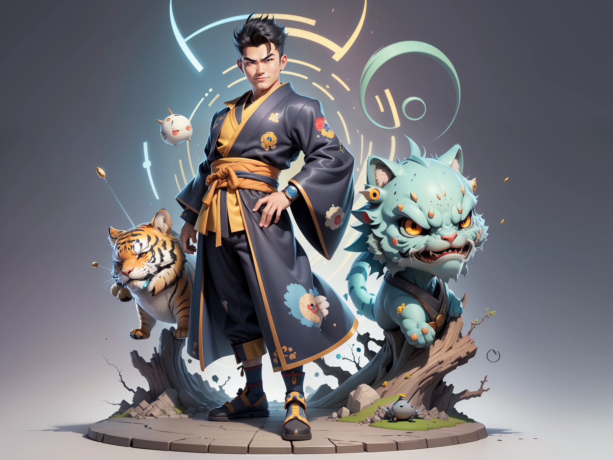 (Masterpiece), (Excellent), (Super Meticulous), (Full Body: 1.2), Super Young Man, Oriental Face, Japanese Kimono, Japanese Wind Thunder God, Dragon, Tiger, TV Anchor, Bust Portrait Illustration, Alone, Black Suit, Blue Tie, Slightly Chubby Face, Very Clean Face, No Beard, Black Super Short Hair, Black Eyes, Confident Smile, 3c Computer Sub-Products, iPad, iPhone, Digital Painting, 3D Character Design by Akira Toriyama and Mark Claireden and Pixar and Hayao Miyazaki, The illustration is a high-definition illustration in 4K resolution with very detailed facial features and cartoon-style visuals.