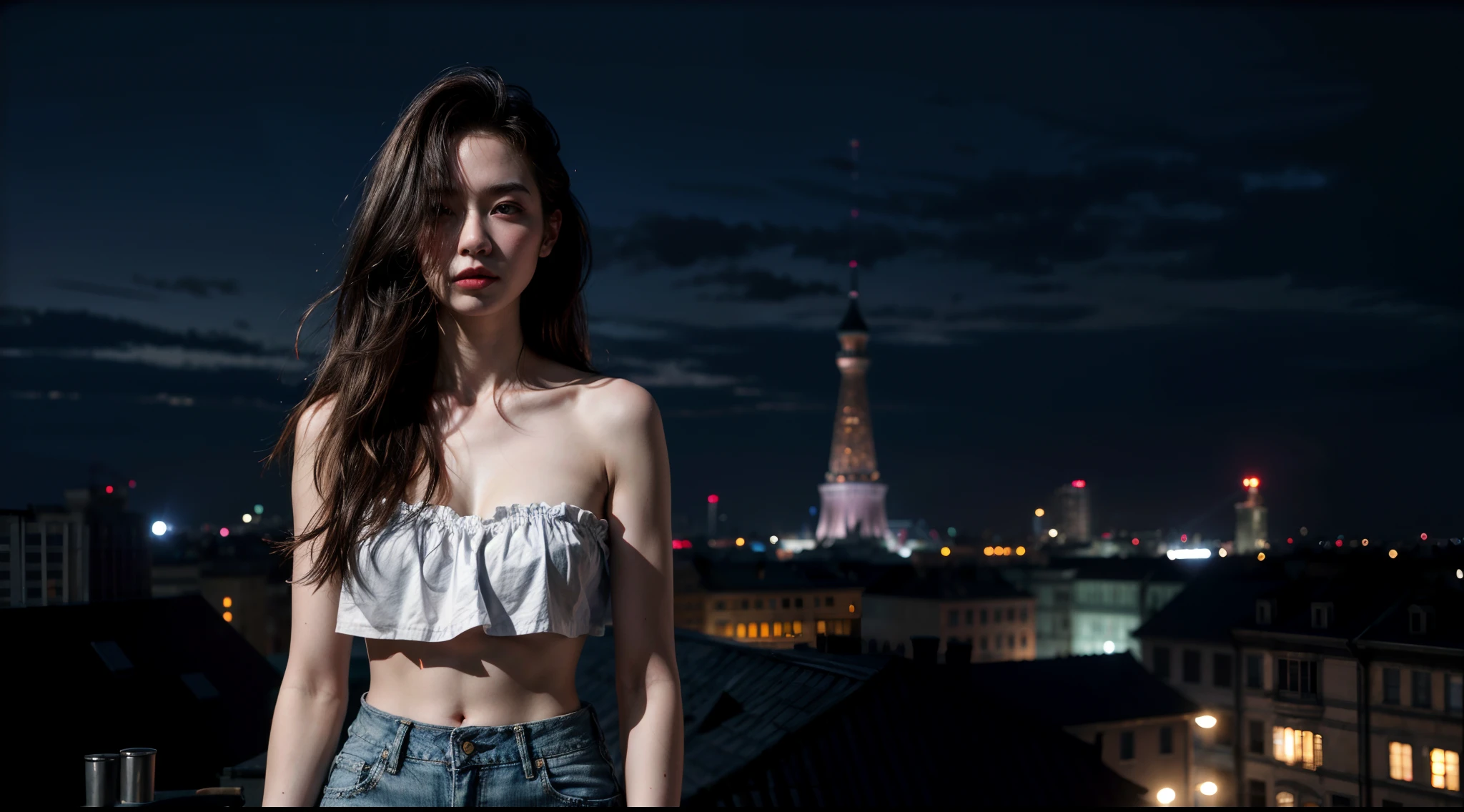 (1girl), russian, solo, long_hair, wearing(denim-strapless-shirt, white-miniskirt), photo(medium-shot), portrait, standing, pov, blurry_background, background(night, tower, rooftop, nightlight), (photorealistic, absurdres, best_quality:1.55),