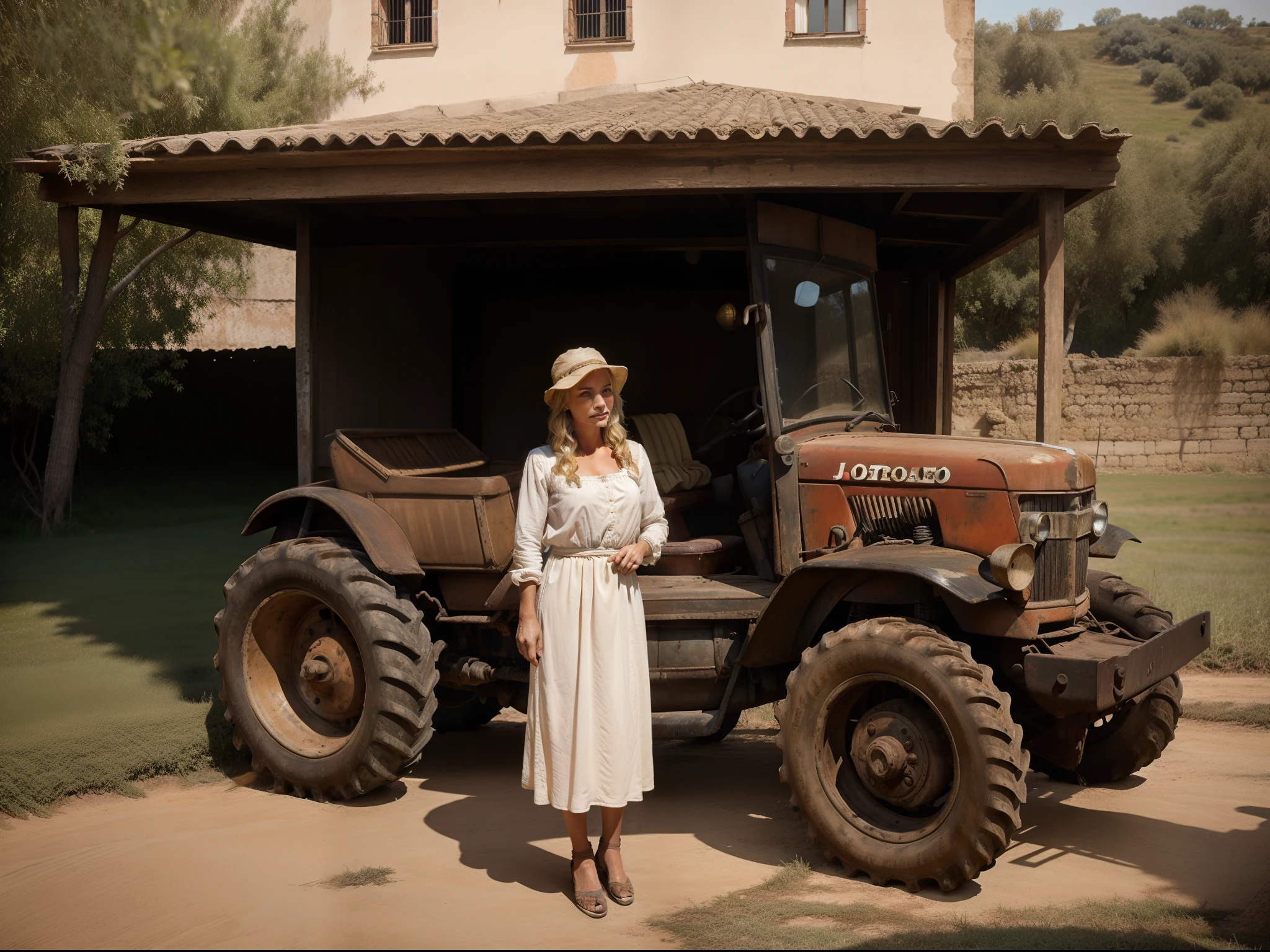 Al fondo del patio, junto a dos vacas y un viejo tractor oxidado, There was a peasant woman who was also blonde., joven, y una anciana sentada bajo el porche.