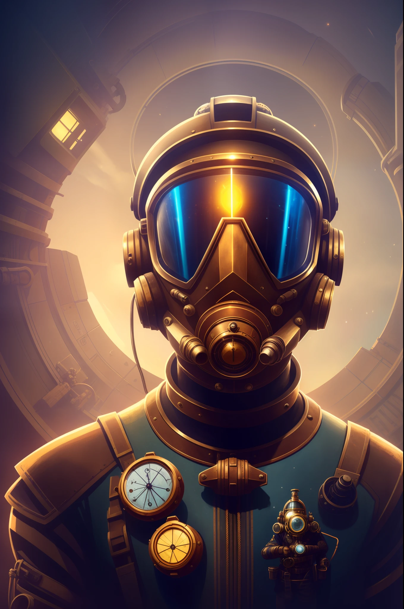 There is a man in a spacesuit with a helmet, Deep-sea diver, diving suit, old scuba, inspired by Brian Despain, Brian Despain, Steampunk diving helmet, alexey egorov, Sergey Kolesov, lofi steampunk bioshock portrait, lofi bioshock steampunk portrait, wojtek fus