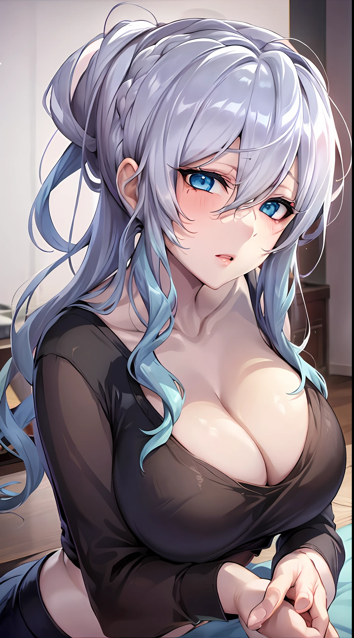 Yukino, in bed, silver hair and  blue eyes, black shirt and no bra, anime visual of a cute girl, screenshot from the anime film, & her expression is solemn, in the anime film, in an anime, anime visual of a young woman, she has a cute expressive face, still from anime, big breast, red cheek, lustful face