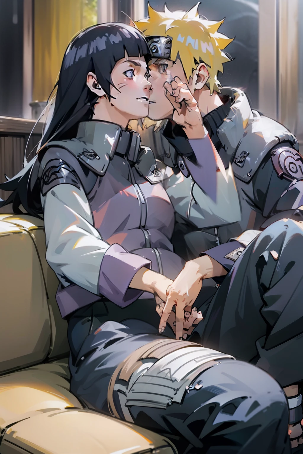 ((8k: 1.27), qualidade superior, obra-prima, ultra high def: 1.2), naruto uzumaki em seus 20s vestindo camisa e jeans, hinata hyuuga em seus 20s em regata e minissaia, foto atraente, digitalmente aprimorado, very perfect position, pose apaixonada, intimate embrace, Snuggling deep into the couch in the soft light of the living room, eles se encostam um no outro. Seus olhos se encontram e um sorriso nasce. His right hand gently strokes her hips, while his left hand presses lightly against his chest. His warm breaths collide as he slowly pulls his face to his delicate, contoured lips. The fleeting moments before their lips touch seem endless to them. When your lips intertwine, parece que o tempo no mundo parou. This sweet kiss is their only communication and confirms their mutual affection His fingertips lightly caress her head, aprofundando o beijo. They forget time and simply feel each other's presence. Their hearts become one, and love is transmitted through their bodies. Neste momento, they are completely satisfied, como se fossem donos de tudo no mundo. Snuggling up on the couch and exchanging kisses is your ultimate moment, naruto uzumaki e hinata hyuuga.
