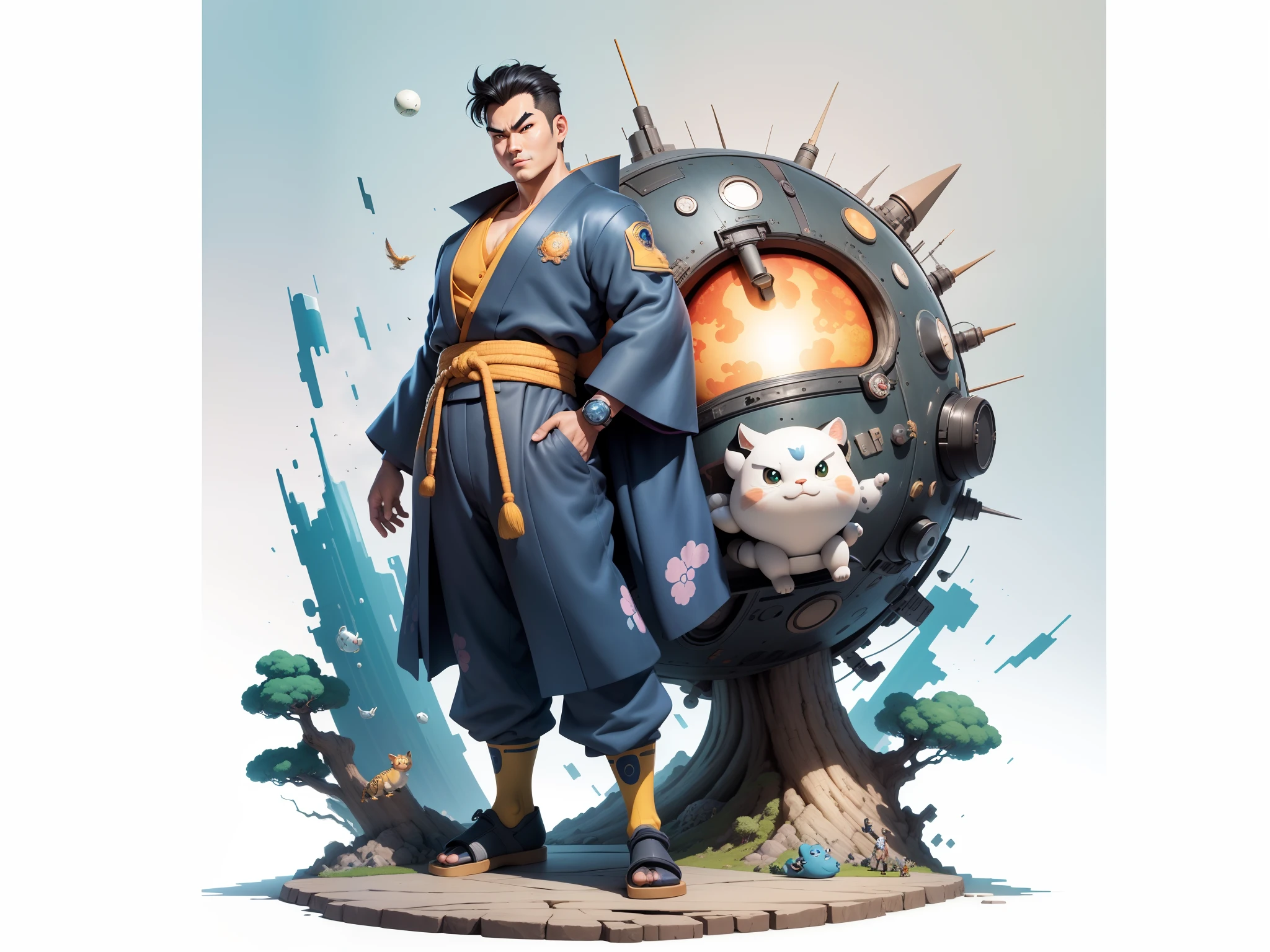 (Masterpiece), (Excellent), (Super Meticulous), (Full Body: 1.2), Super Young Man, Oriental Face, Japanese Kimono, Japanese Wind Thunder God, Dragon, Tiger, TV Anchor, Bust Portrait Illustration, Alone, Black Suit, Blue Tie, Slightly Chubby Face, Very Clean Face, No Beard, Black Super Short Hair, Black Eyes, Confident Smile, 3c Computer Sub-Products, iPad, iPhone, Digital Painting, 3D Character Design by Akira Toriyama and Mark Claireden and Pixar and Hayao Miyazaki, The illustration is a high-definition illustration in 4K resolution with very detailed facial features and cartoon-style visuals.