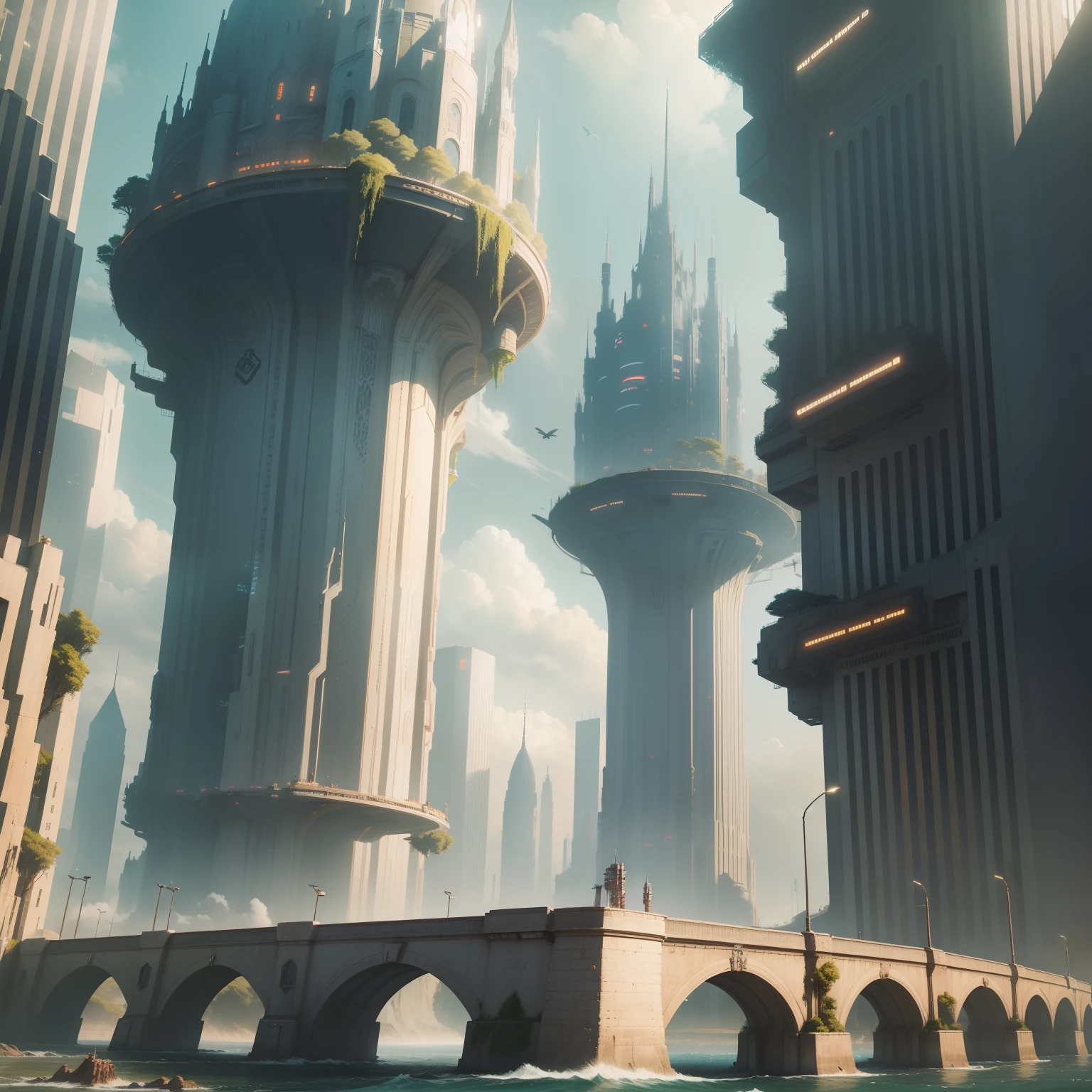 cyberpunked Futuristic cities highrise buildings Super huge castle SF top-quality masterpiece 超A high resolution dream Huge bridge harbour