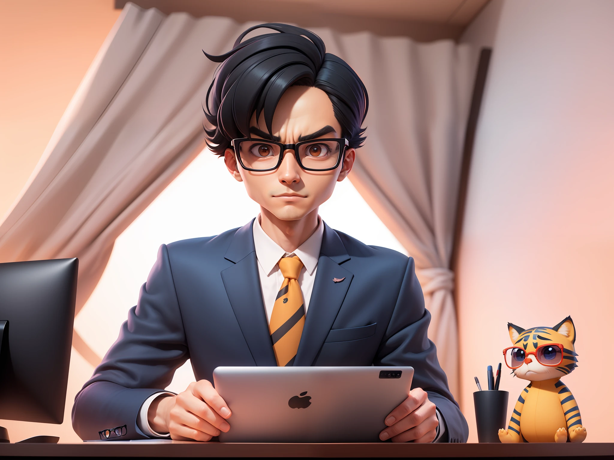 A young man in a suit, Short hair and glasses sat at his desk,holding laptop,digitial painting,tigre,3D character design by Mark Clairen and Pixar and Hayao Miyazaki and Akira Toriyama,4K HD illustration,Very detailed facial features and cartoon-style visuals。
