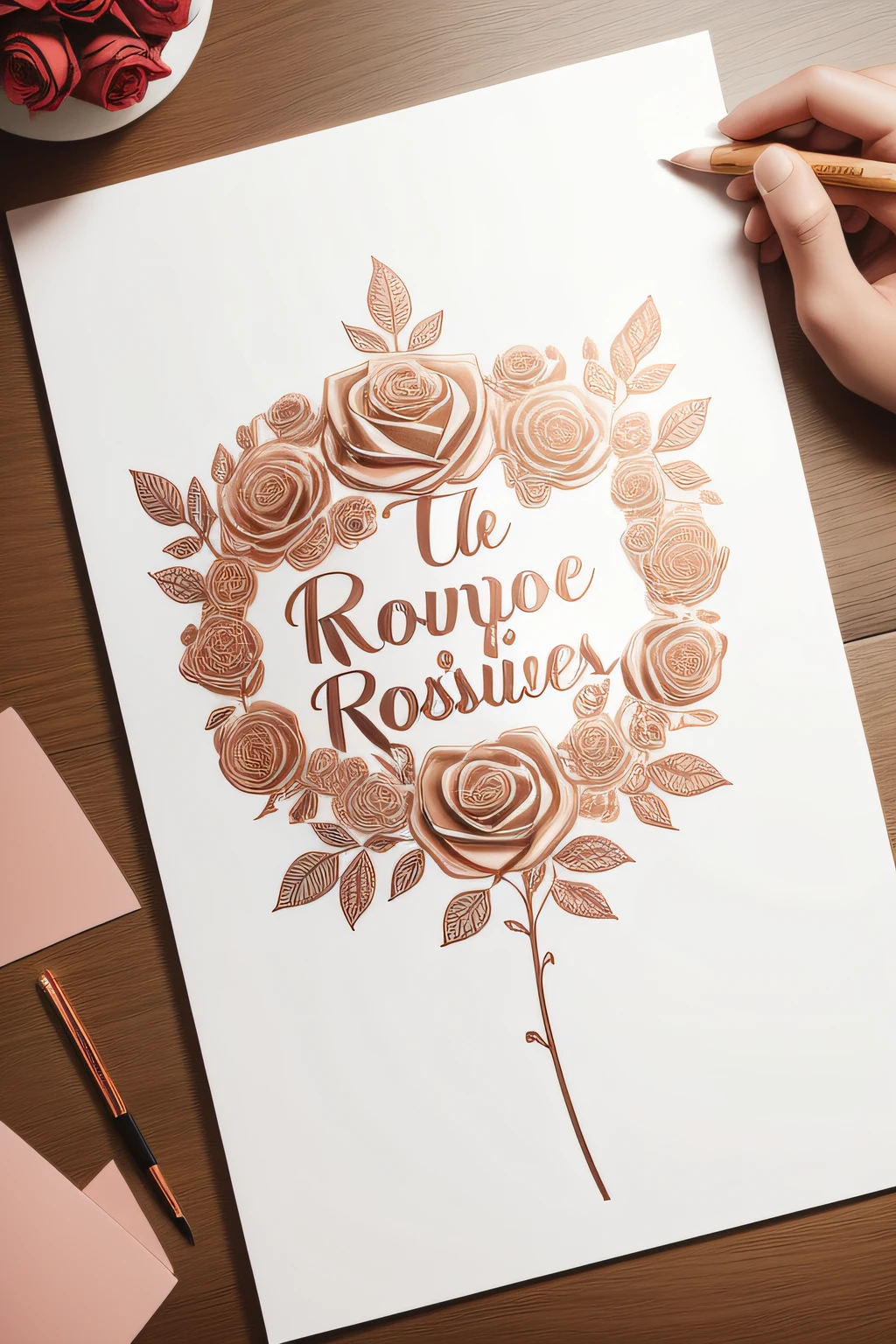 Make a drawing of roses with the phrase "rose gold papelaria"