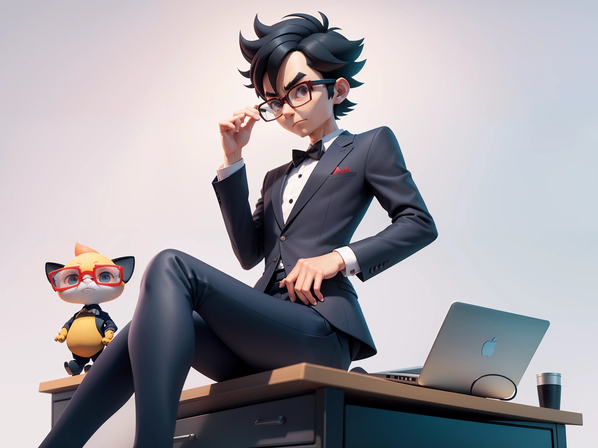 A young man in a suit, Short hair and glasses sat at his desk,holding laptop,digitial painting,tigre,3D character design by Mark Clairen and Pixar and Hayao Miyazaki and Akira Toriyama,4K HD illustration,Very detailed facial features and cartoon-style visuals。