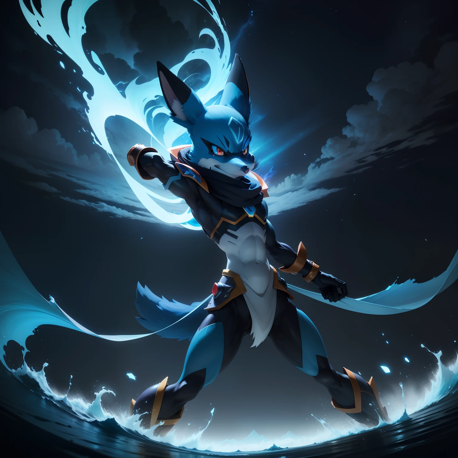 Lucario standing on a hill。A huge wave of blue energy was unleashed around it.、The surrounding area is surrounded by lush greenery..、The sky is a mixture of orange and purple hues。Energy waves are bright blue、Electric sparks are flying around。(animesque:1.2), (Dramatic Lighting:1.1), (vivd colour:1.3), (cellshading:1.1), (dynamic compositions:1.2) Close up of Pokemon character isolated on black background, illustratio:sugimori ken, shutterstock, sots art, lucario, Portrait of Lucario, Pokémon Lucario, new pokemon, similar to pokemon, Shadow, the fox-like evolution pokemon, 1285445247], intimidating pose