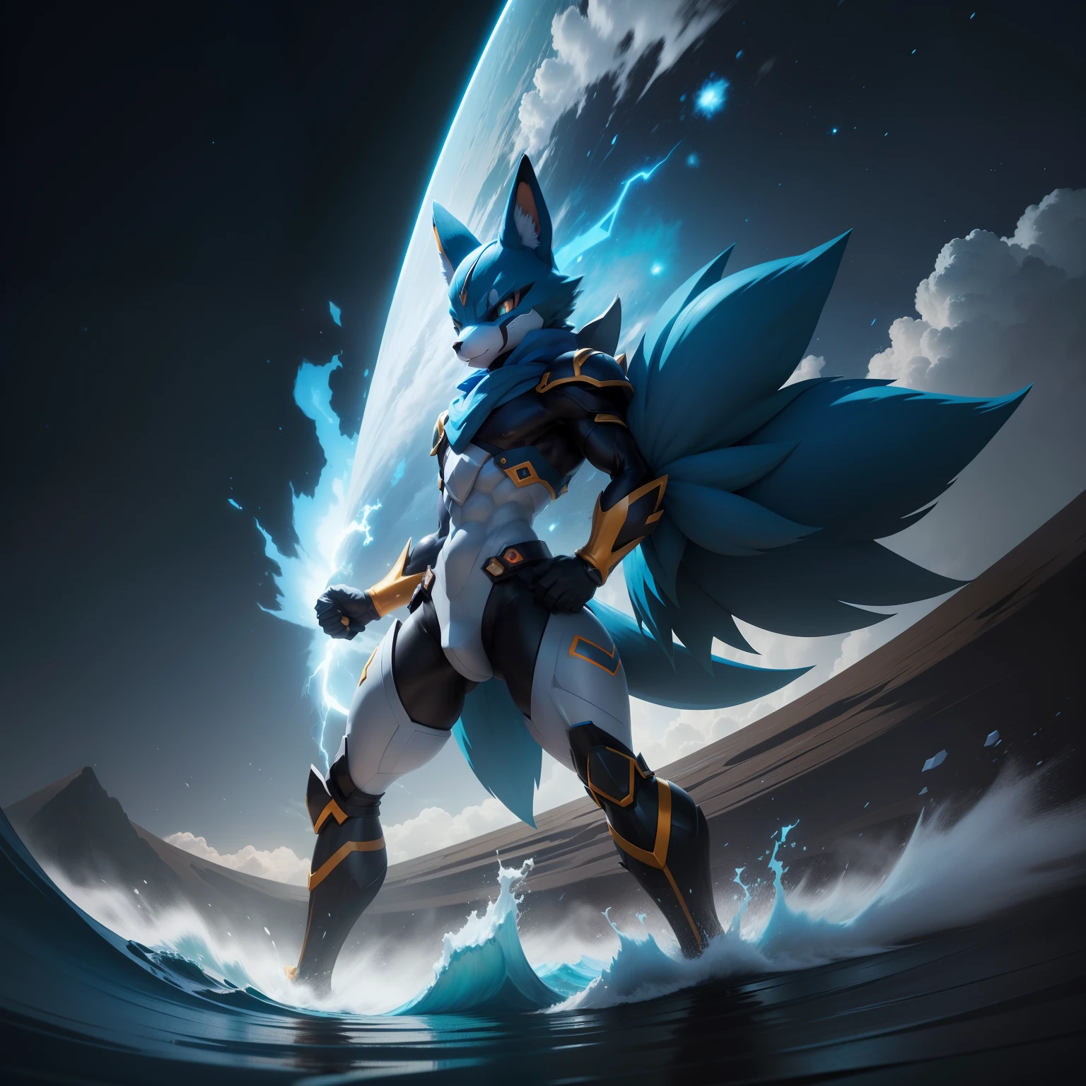 Lucario standing on a hill。A huge wave of blue energy was unleashed around it.、The surrounding area is surrounded by lush greenery..、The sky is a mixture of orange and purple hues。Energy waves are bright blue、Electric sparks are flying around。(animesque:1.2), (Dramatic Lighting:1.1), (vivd colour:1.3), (cellshading:1.1), (dynamic compositions:1.2) Close up of Pokemon character isolated on black background, illustratio:sugimori ken, shutterstock, sots art, lucario, Portrait of Lucario, Pokémon Lucario, new pokemon, similar to pokemon, Shadow, the fox-like evolution pokemon, 1285445247], intimidating pose
