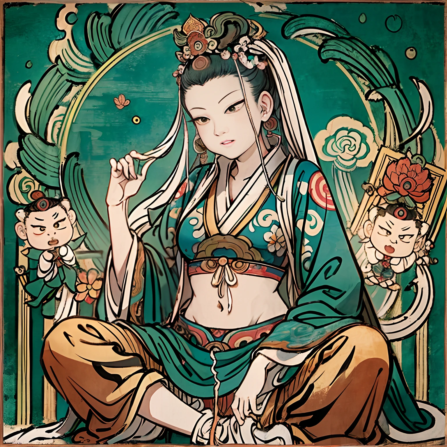 an ancient Chinese goddess, guanyin of the southern seas, Guanyin, Inspired by India, Avalokiteshvara rides a tiger，,Serene expression,shui mo hua,Buddha,Buddhist,Lotus,Chinese painting style,Thangka style