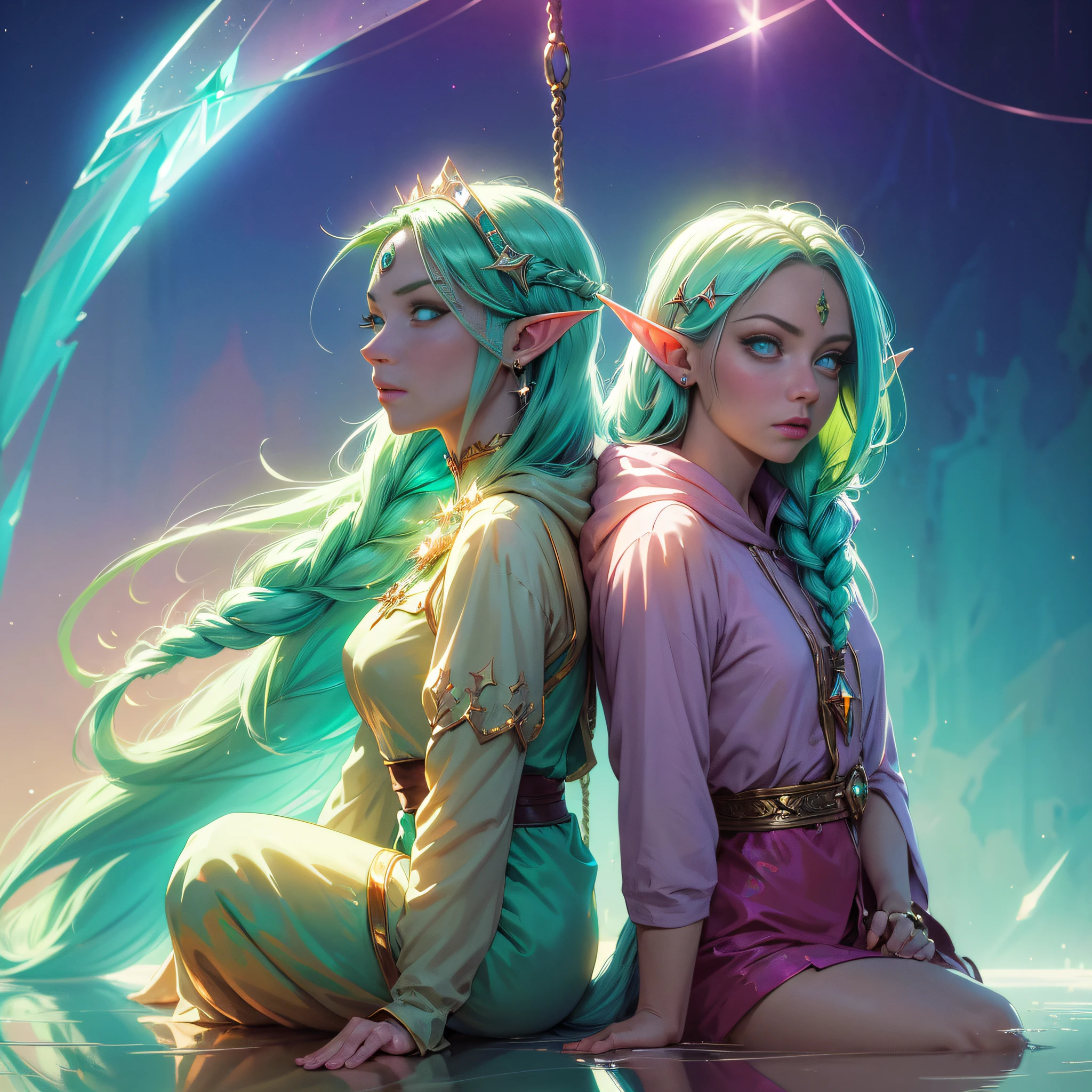 sitting on a swing, CLENCHING HANDS,full body, 1girl, elf ears, elven princess, green hair, gradient hair, long braid hair, dreadlocks, hairclip, hair ornament, jewelry, forehead jewel, hood down, star-shaped pupils, gradient eyes, aqua eyes, pointy ears, crystal earrings, serious, bright pupils, flustered, anime, anime style, anime, anime, sparkle, glowing light, reflection light, vignetting, reference sheet, from side, lens flare, ((masterpiece))