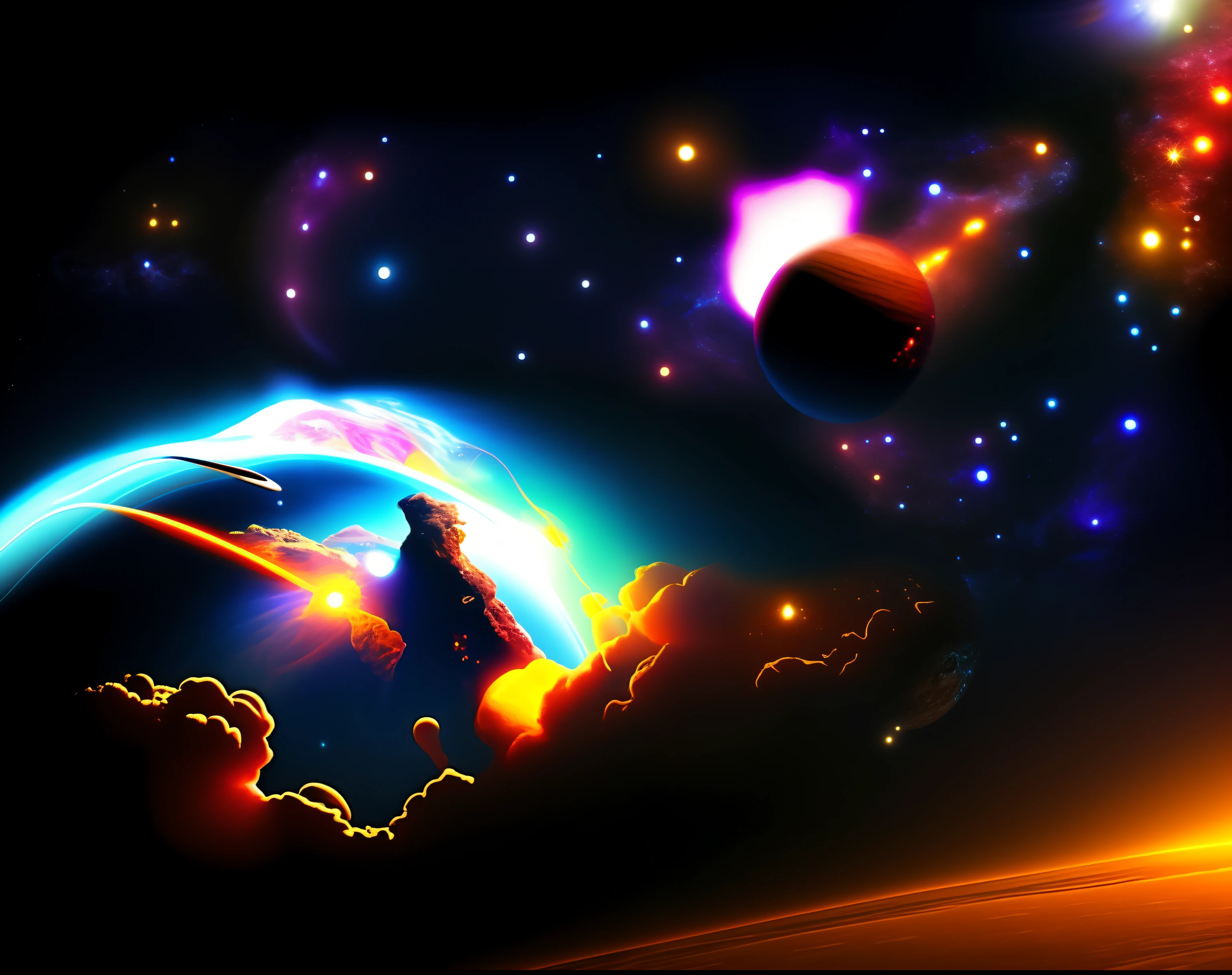 There is an image of a planet in the sky with a fireball, arte de fundo, atmosfera espacial, planeta e estrelas, space sky, Planeta explodindo no fundo, destroyed planet, cena espacial, heaven planet in background, space backround, scene in space, planetas caindo, planeta terra explodindo, planet in space, Arte Espacial, belo planeta estrela espacial, planet in the sky