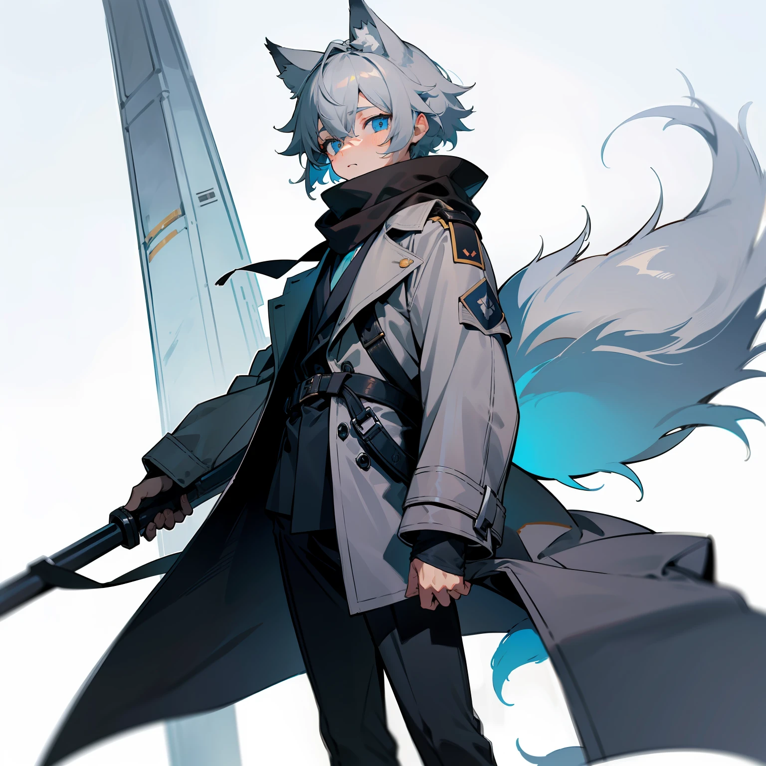 1boy, shota, (HD quality, masterpiece level), fresh and cold teenage characters, wolf ears and wolf tail highlight the character's sense of belonging, blue eyes and dark gray hair echo each other, the clean lines of the white-gray military trench coat show the character's modesty and confidence, brown scarf and black boots are rigid and soft, as if ready to go. The whole picture is simple and atmospheric, and the high and cold temperament is respectful. No background, white screen, slightly toned, HD, masterpiece, white background, dark gray hair, blue eyes, (wolf ears), (wolf tail), slim white-gray military trench coat, no hood, brown scarf, black boots, one tail, little boy, covering ears, hair covering ears