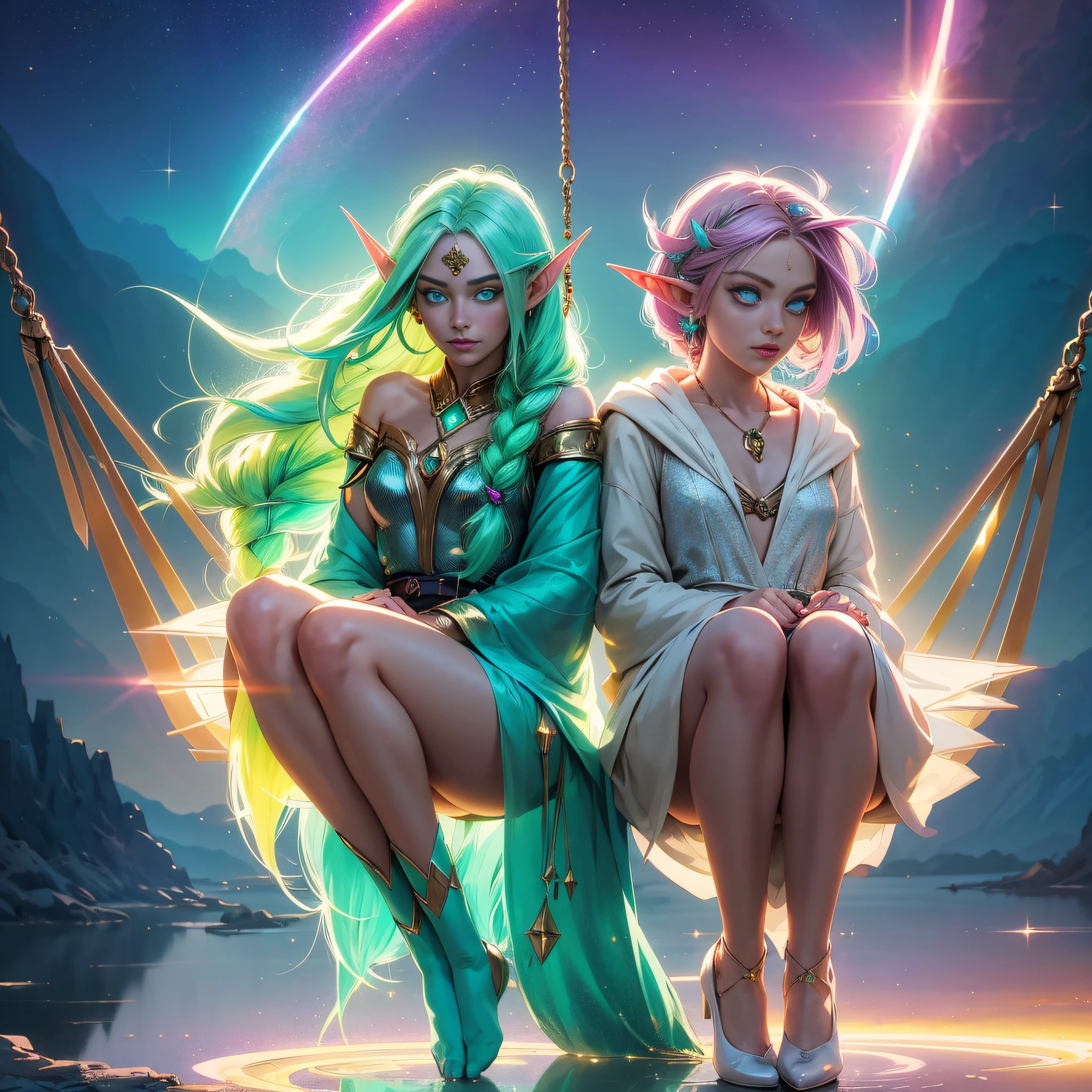 sitting on a swing, CLENCHING HANDS,full body, 1girl, elf ears, elven princess, green hair, gradient hair, long braid hair, dreadlocks, hairclip, hair ornament, jewelry, forehead jewel, hood down, star-shaped pupils, gradient eyes, aqua eyes, pointy ears, crystal earrings, serious, bright pupils, flustered, anime, anime style, anime, anime, sparkle, glowing light, reflection light, vignetting, reference sheet, from side, lens flare, ((masterpiece))