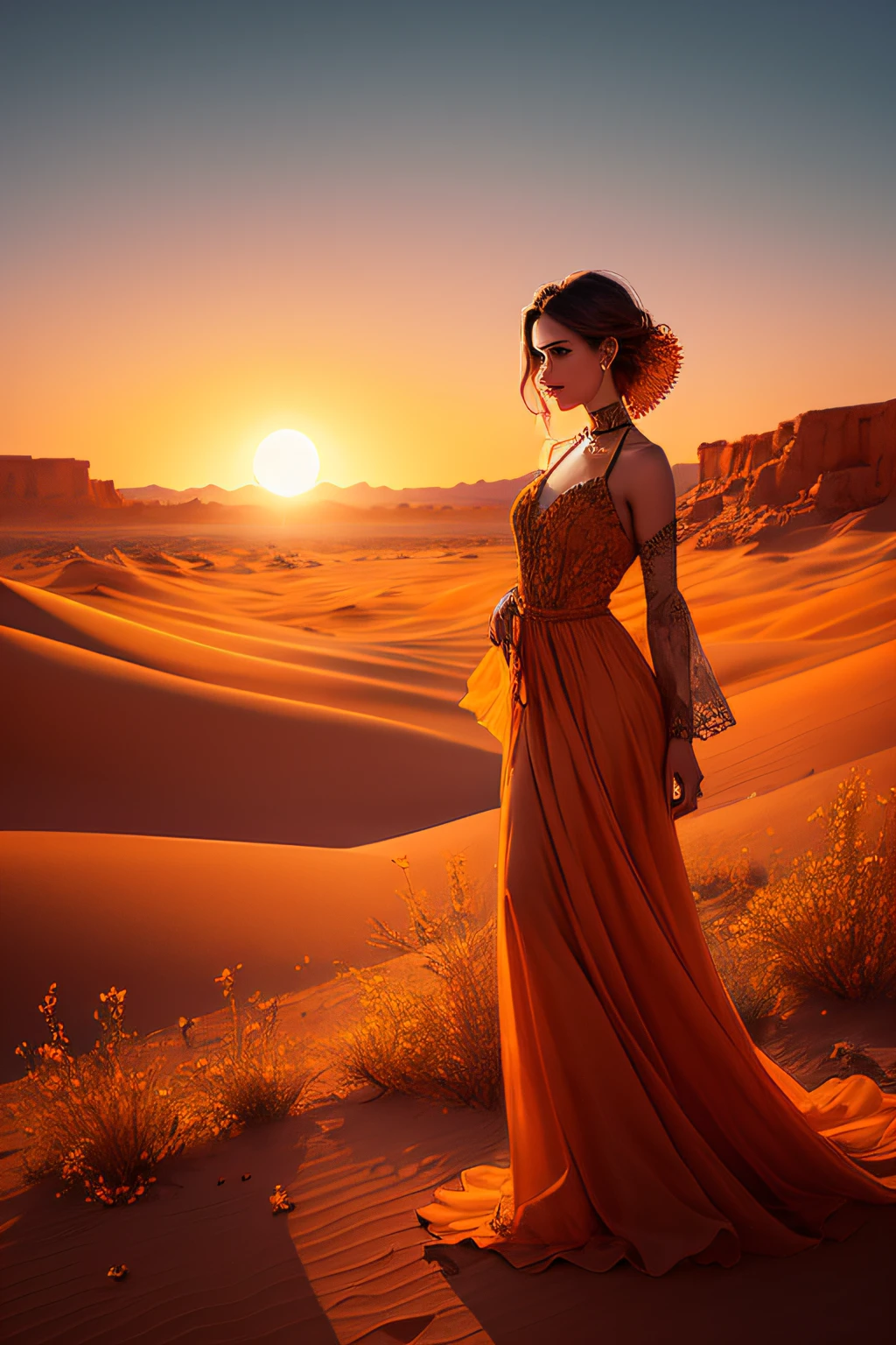 beautiful scenery of a desert with scorching sun starting a sunset. In it is a beautiful woman with a beautiful long dress. There are dried flowers around it and in the background an oasis and a sandstorm.