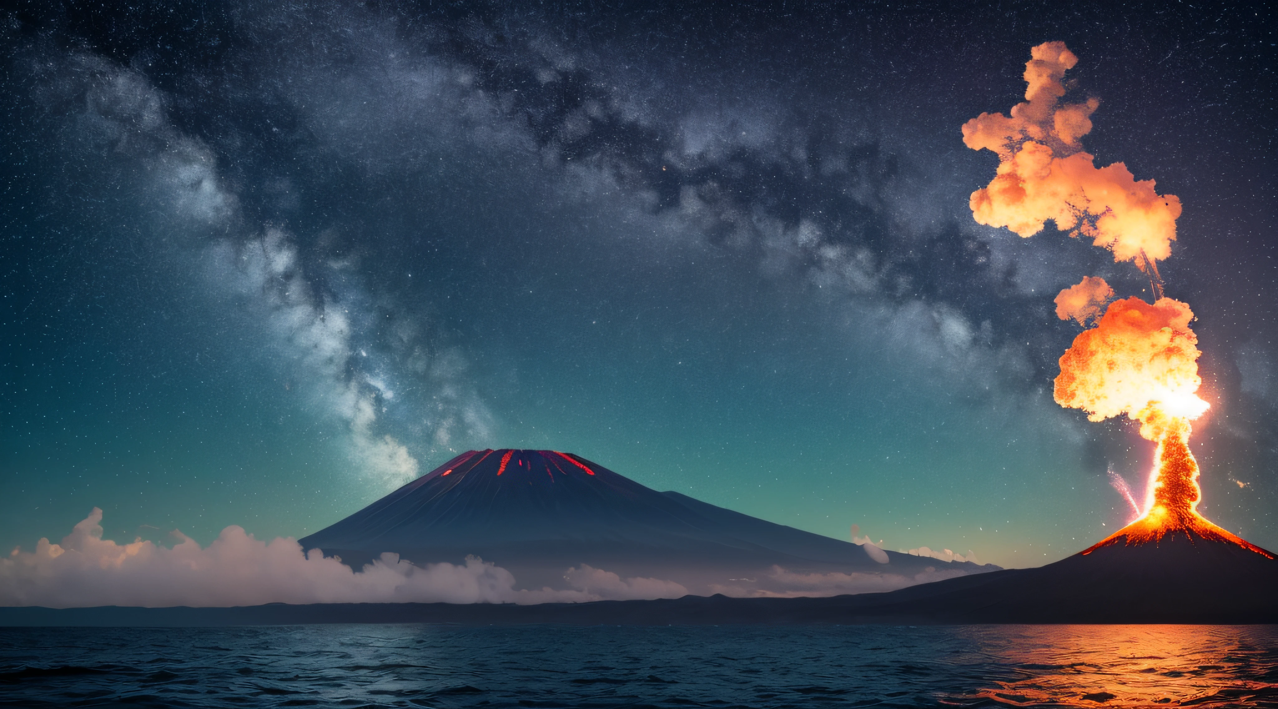 dramatic sky, blue lightning Style: masterpiece, best quality, 8k, sharp focus, realistic, ((Detailed)), ((Dynamic pose)), ((Good Highlights)), (Perfect Proportions), (dynamic), (intricate), (complimentary colors), good perspective, (Professional), (Award winning)
ADDCOMM
volcanic island background
Red flame, soft particles, explosion
BREAK
green flame, soft particles, explosion
BREAK
blue flame, soft particles, explosion
volcanic island background