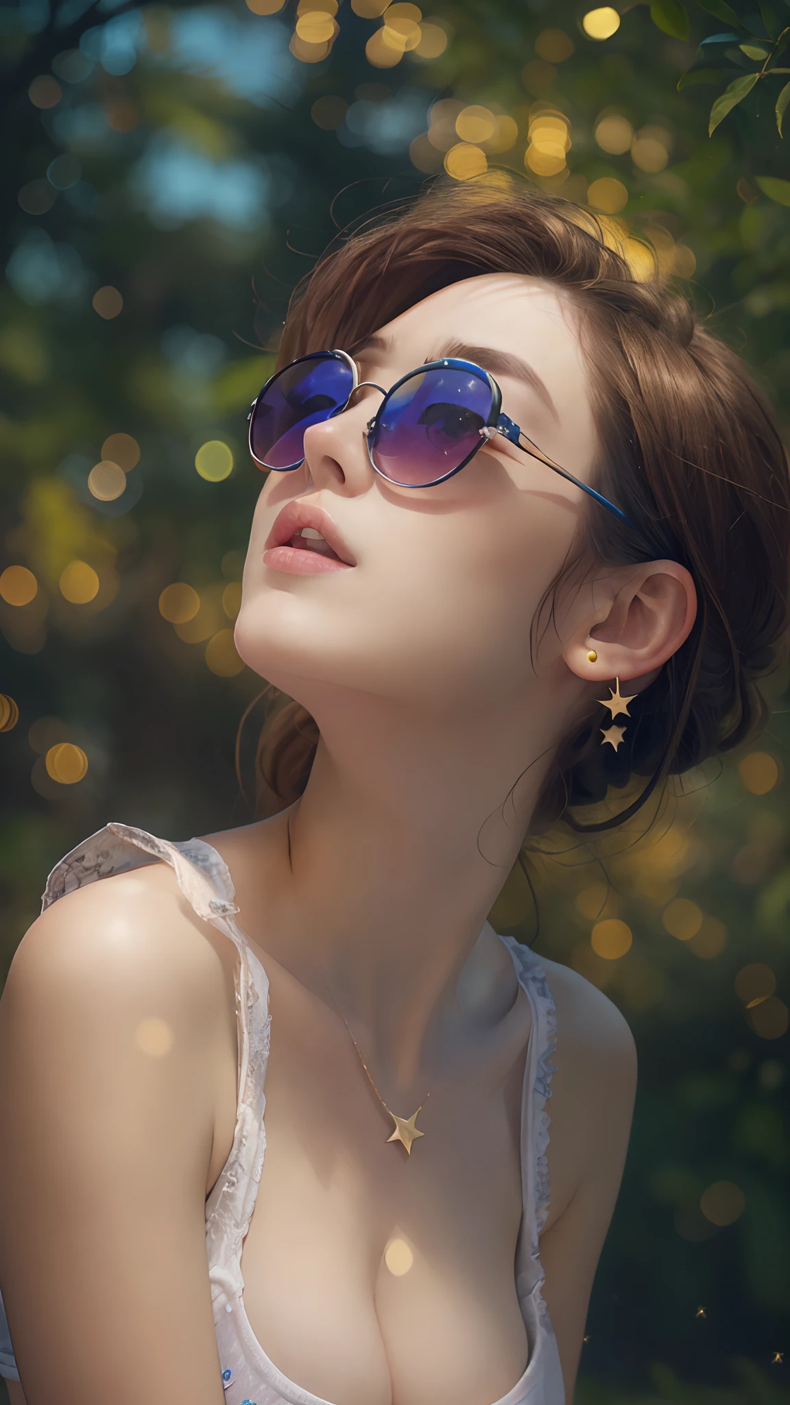 cleavage, Pretty woman, da_top, Close -up, crop top, detailed face, Top tank corpus luteum, hair, park, sky, trees, pale skin, moonlight, stars, 1girl, Distinctive sunglasses, Big breasts ,young, bright colours, Bokeh background, Subject to confirmation,Dramatic colors , It's realistic.., 巨作, Best Quality, nsfw