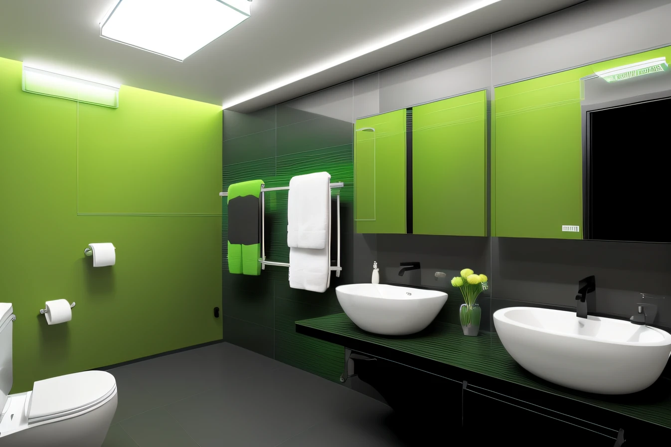 a close up of a bathroom with two sinks and a toilet, black and green scheme, green and black color scheme, green and black colors, brilliantly coloured, green color scheme, striking colour, black and green, deep colour\'s, green and black, interesting color use, green colored theme, complementary colour scheme, lime and violet, nice colour scheme, realistic, architectural shot, it is real not virtual. The towels are real, cannon camera, photo pro