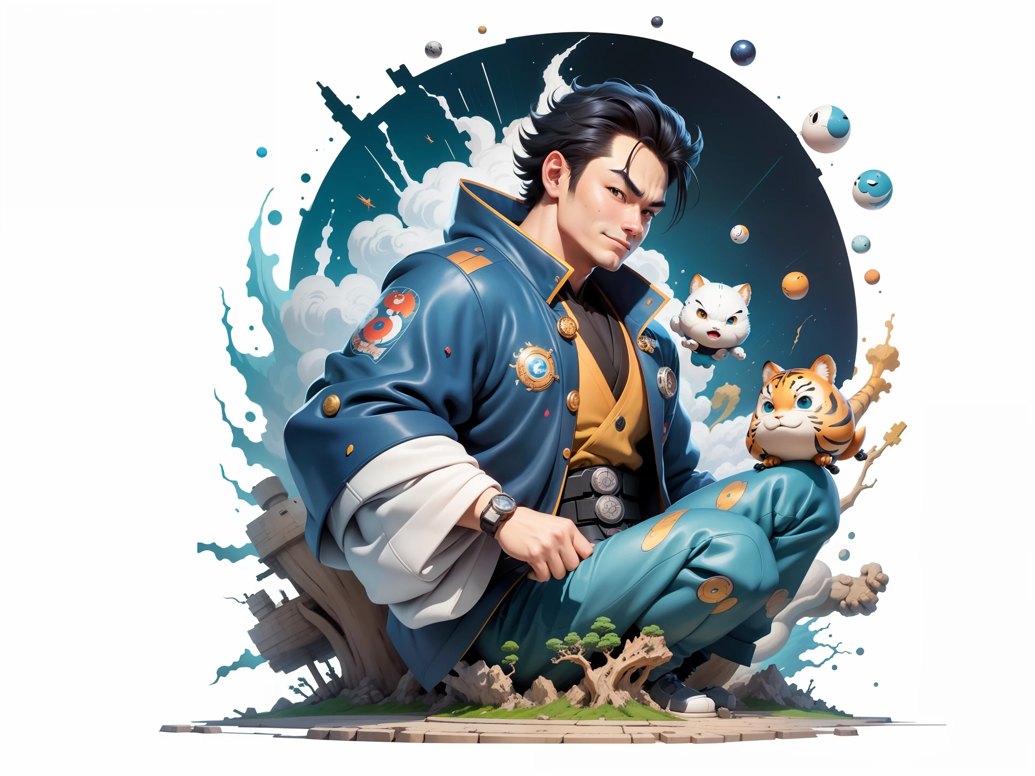 (Masterpiece), (Excellent), (Super Meticulous), (Full Body: 1.2), Super Young Man, Oriental Face, Japanese Kimono, Japanese Wind Thunder God, Dragon, Tiger, TV Anchor, Bust Portrait Illustration, Alone, Black Suit, Blue Tie, Slightly Chubby Face, Very Clean Face, No Beard, Black Super Short Hair, Black Eyes, Confident Smile, 3c Computer Sub-Products, iPad, iPhone, Digital Painting, 3D Character Design by Akira Toriyama and Mark Claireden and Pixar and Hayao Miyazaki, The illustration is a high-definition illustration in 4K resolution with very detailed facial features and cartoon-style visuals.