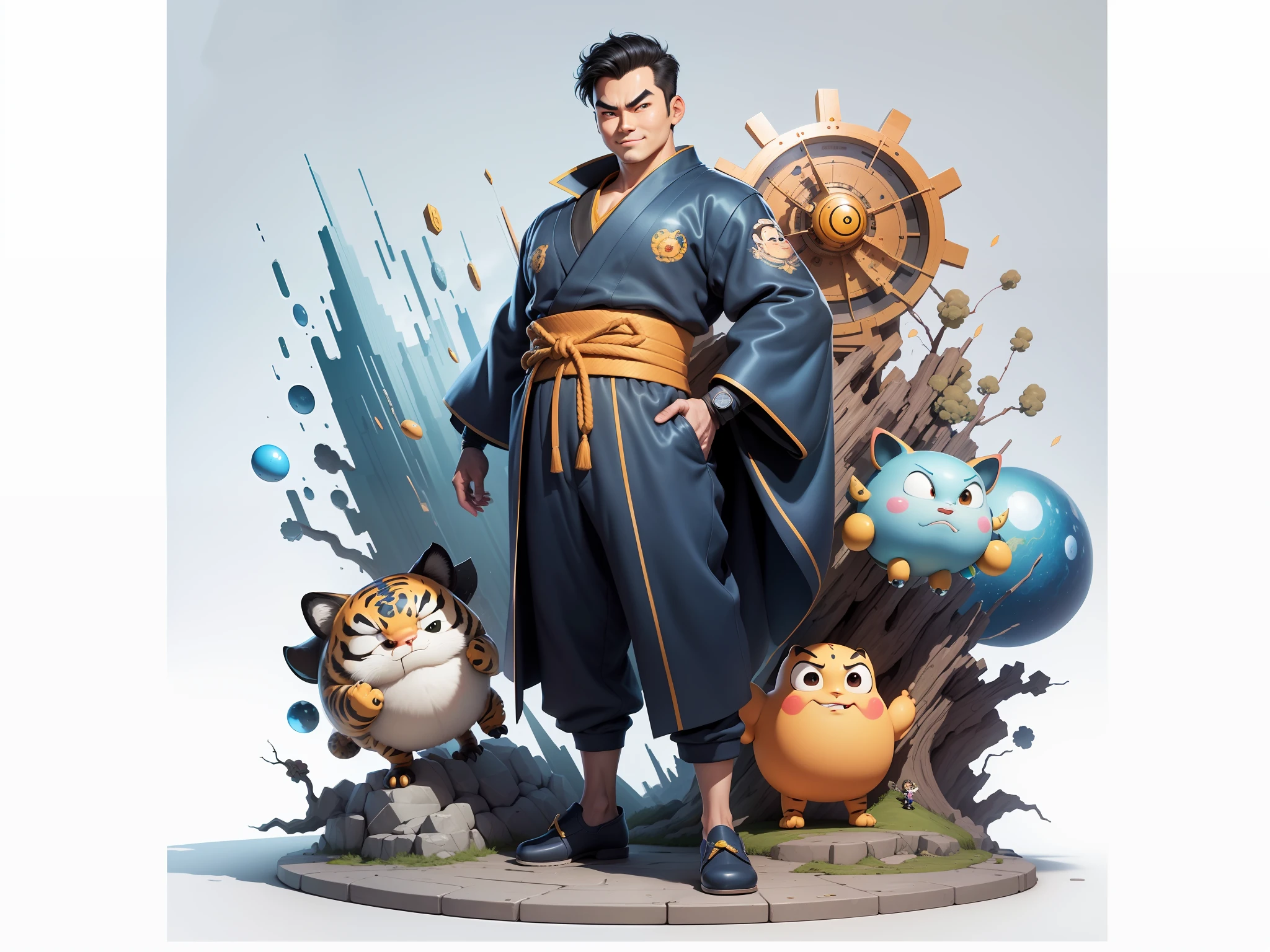 (Masterpiece), (Excellent), (Super Meticulous), (Full Body: 1.2), Super Young Man, Oriental Face, Japanese Kimono, Japanese Wind Thunder God, Dragon, Tiger, TV Anchor, Bust Portrait Illustration, Alone, Black Suit, Blue Tie, Slightly Chubby Face, Very Clean Face, No Beard, Black Super Short Hair, Black Eyes, Confident Smile, 3c Computer Sub-Products, iPad, iPhone, Digital Painting, 3D Character Design by Akira Toriyama and Mark Claireden and Pixar and Hayao Miyazaki, The illustration is a high-definition illustration in 4K resolution with very detailed facial features and cartoon-style visuals.