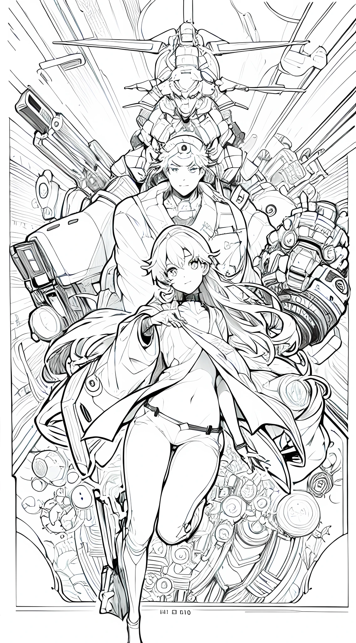 Monocromo, 1 chica de pie en un traje de mecha,Art deco pattern in the background,mecha hembra ,Chica de pie en una pose fresca,Original mecha suits based on mechanics and tools,Sin robots,Sun-shaped lines,hembra,Traje original de pantalones de mecha,Japanese Arstyle manga,Beautiful illustration of a mecha anime girl,Japanese Arstyle manga,blanco y negro,Postura de cuerpo completo,hermoso,obra maestra,8k,hermosa,Girl holding an artifact ,Fondo Steampunk ,Chica con cabello largo negro,jumping , Line action pose,character design ,Mecha design character,Basado en anime Evangelion