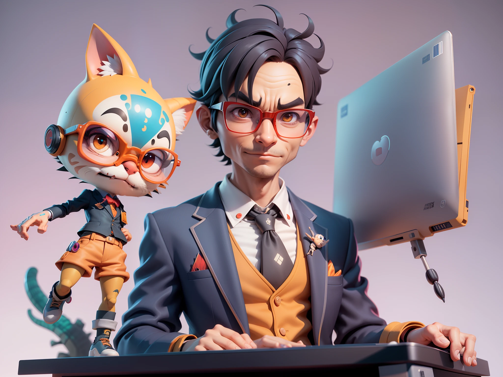 A young man in a suit, Short hair and glasses sat at his desk,holding laptop,digitial painting,tigre,3D character design by Mark Clairen and Pixar and Hayao Miyazaki and Akira Toriyama,4K HD illustration,Very detailed facial features and cartoon-style visuals。