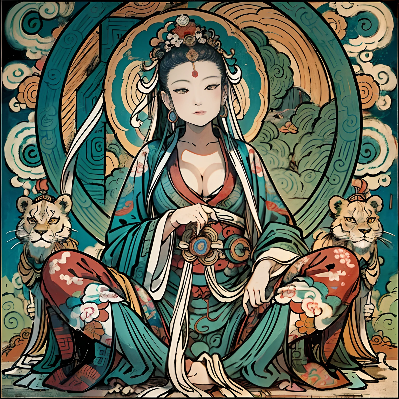 an ancient Chinese goddess, guanyin of the southern seas, Guanyin, Inspired by India, Avalokiteshvara rides a lion，,Serene expression,shui mo hua,Buddha,Buddhist,Lotus,Chinese painting style,Thangka style