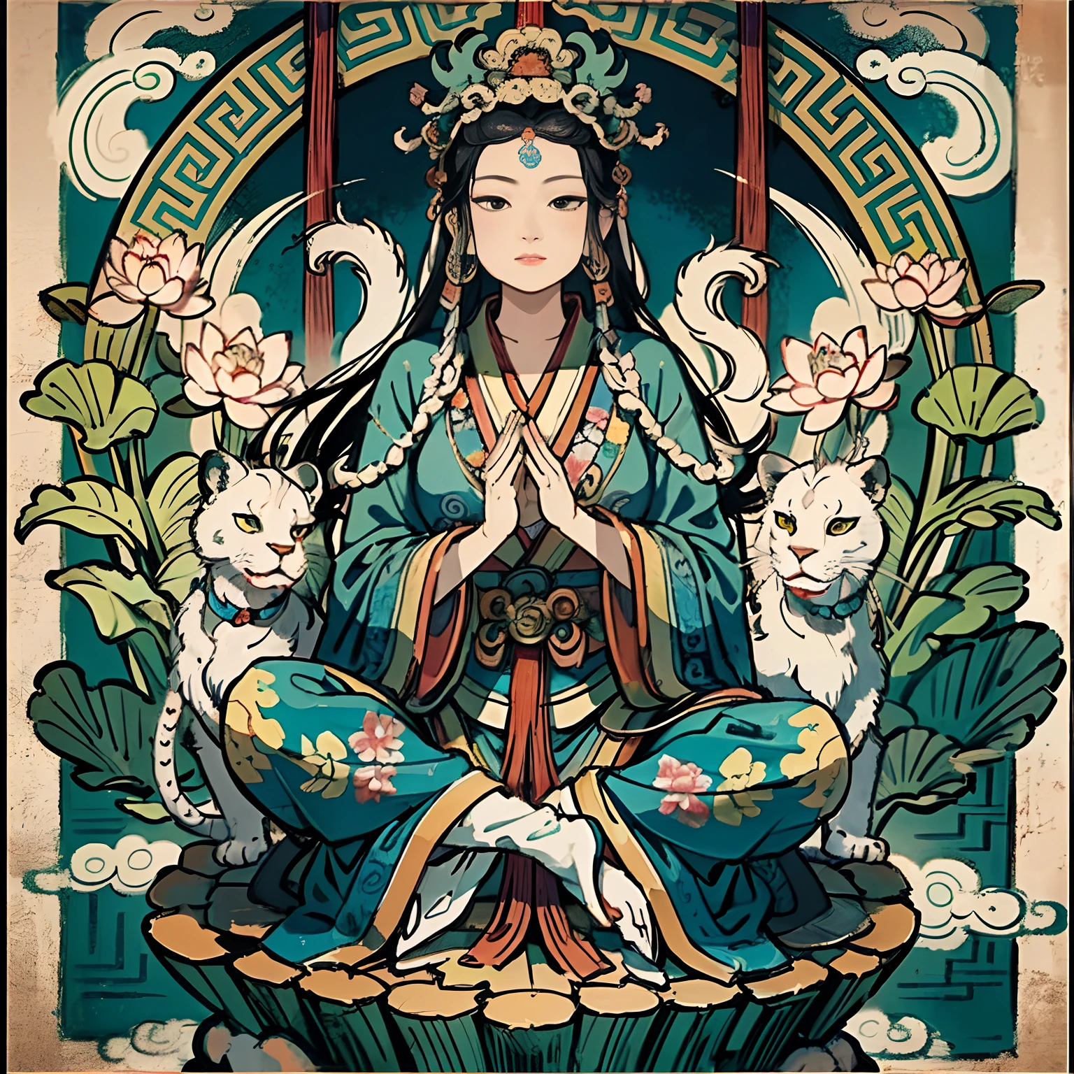 an ancient Chinese goddess, guanyin of the southern seas, Guanyin, Inspired by India, Avalokiteshvara rides a lion,,Serene expression,shui mo hua,Buddha,Buddhist,Lotus,Chinese painting style,Thangka style