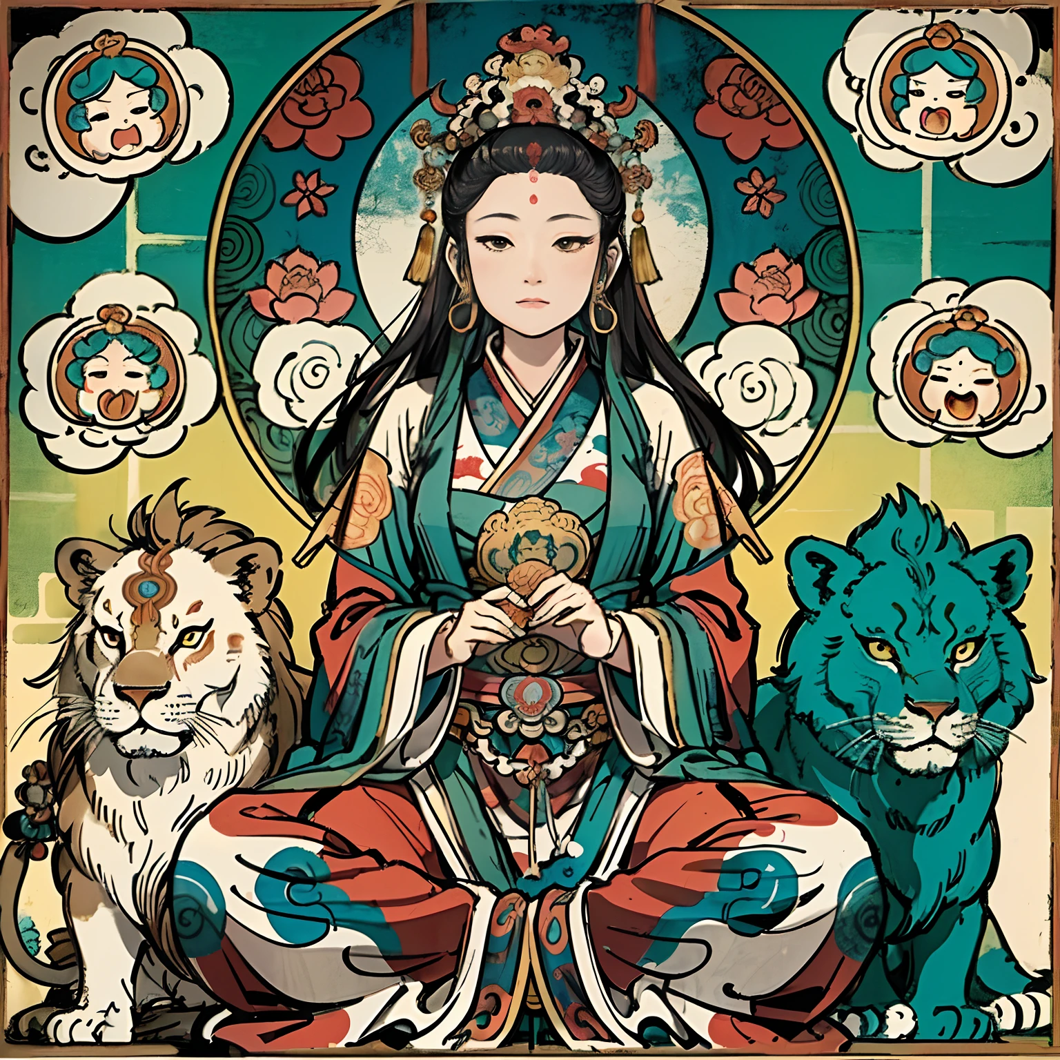 an ancient Chinese goddess, guanyin of the southern seas, Guanyin, Inspired by India, Avalokiteshvara rides a lion，,Serene expression,shui mo hua,Buddha,Buddhist,Lotus,Chinese painting style,Thangka style